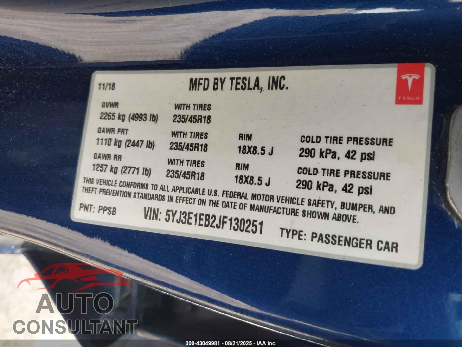 TESLA MODEL 3 2018 - 5YJ3E1EB2JF130251