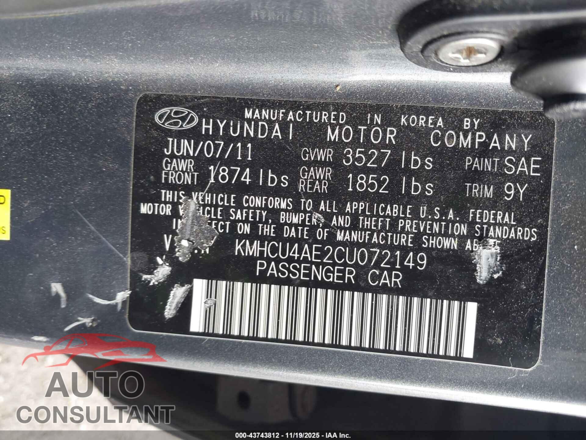 HYUNDAI ACCENT 2012 - KMHCU4AE2CU072149