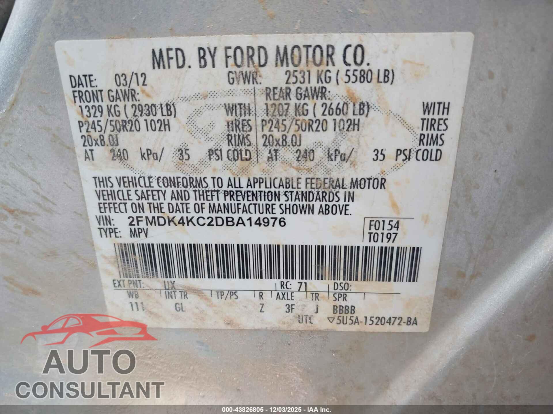 FORD EDGE 2013 - 2FMDK4KC2DBA14976