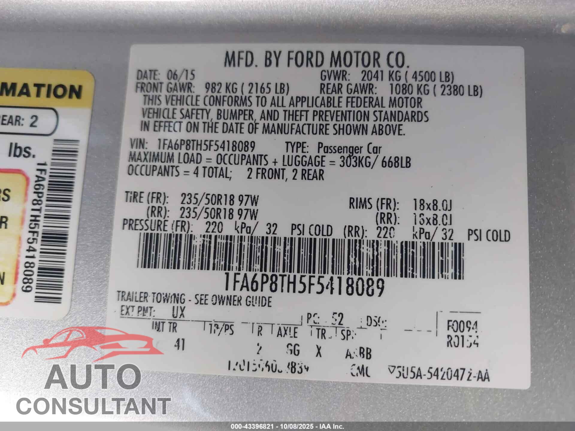 FORD MUSTANG 2015 - 1FA6P8TH5F5418089