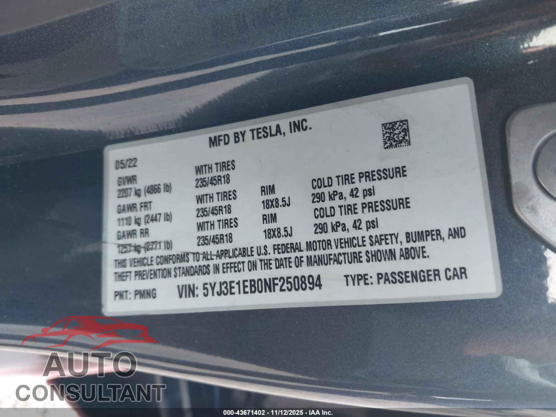 TESLA MODEL 3 2022 - 5YJ3E1EB0NF250894