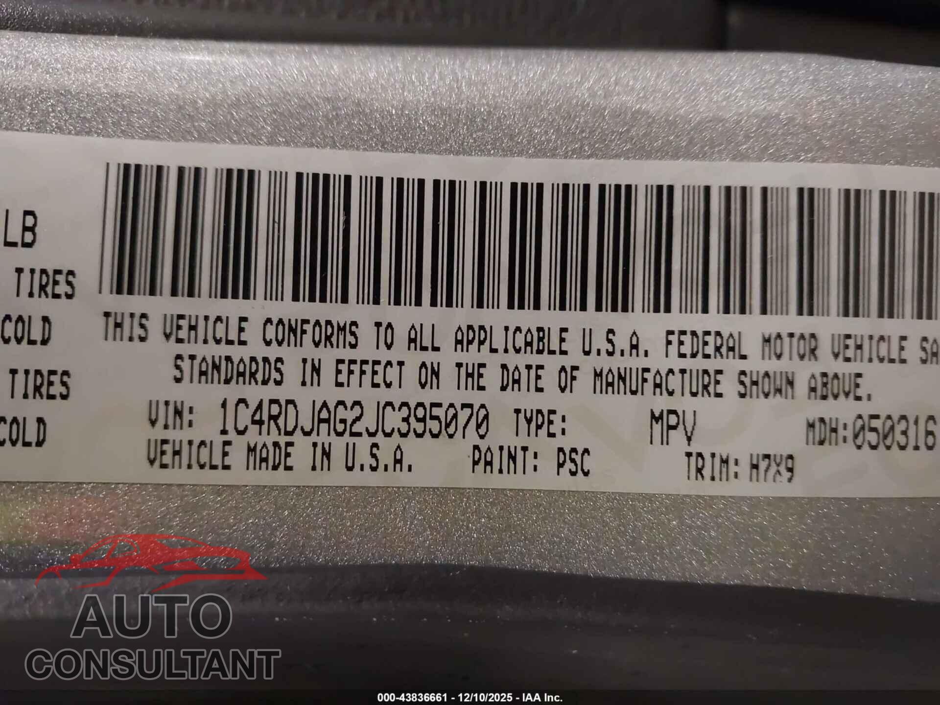 DODGE DURANGO 2018 - 1C4RDJAG2JC395070