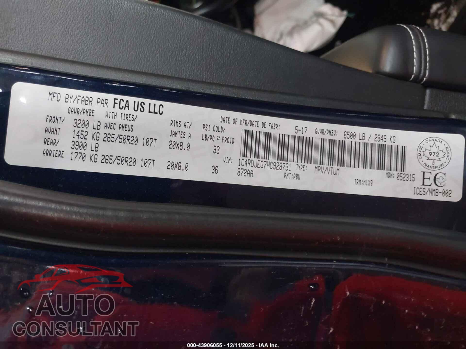DODGE DURANGO 2017 - 1C4RDJEG7HC928731