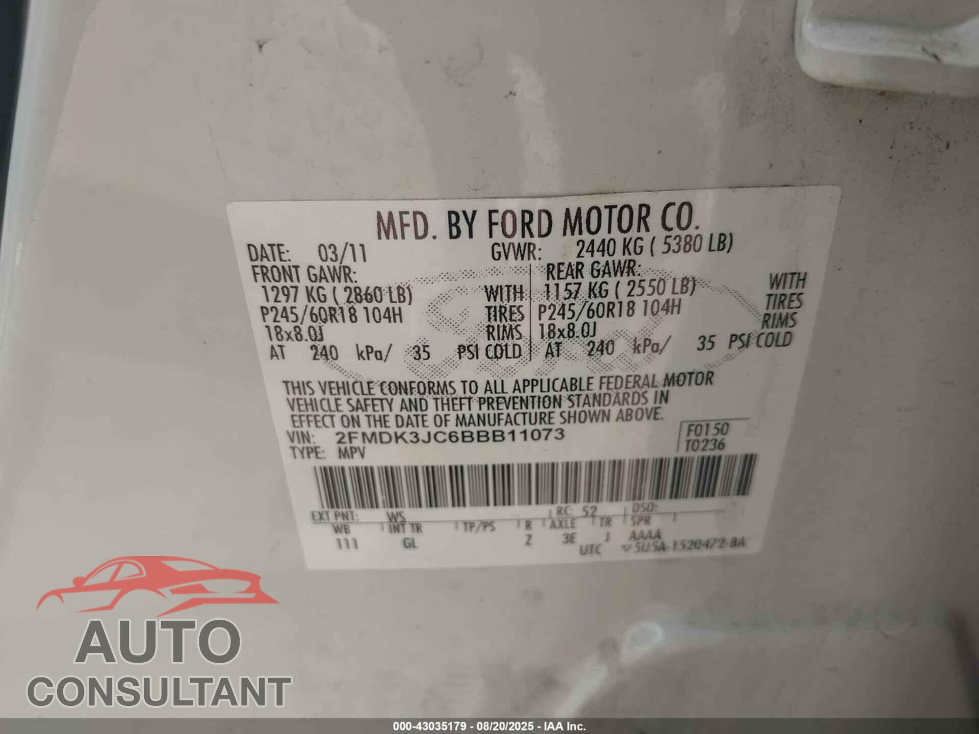 FORD EDGE 2011 - 2FMDK3JC6BBB11073