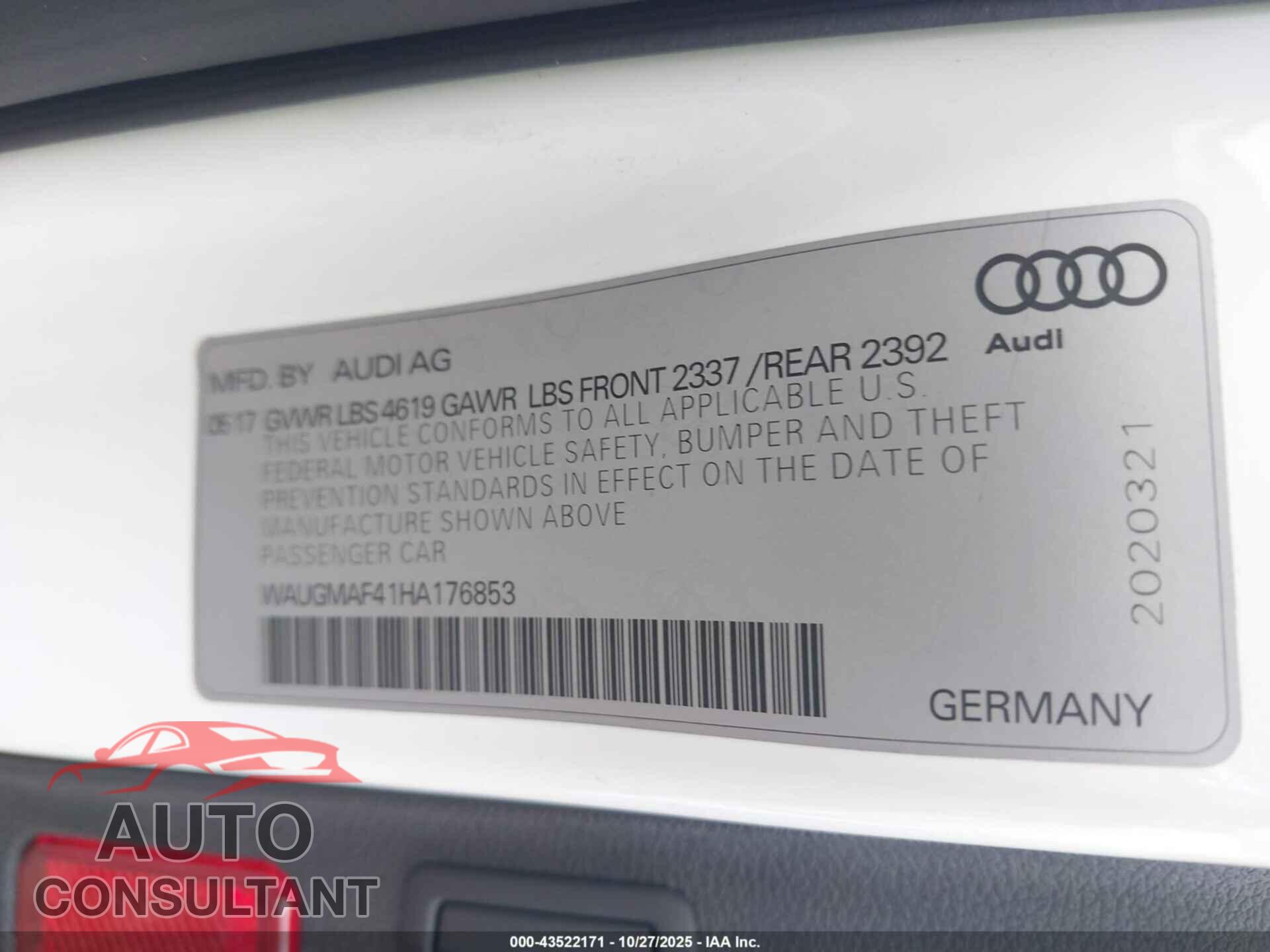 AUDI A4 2017 - WAUGMAF41HA176853