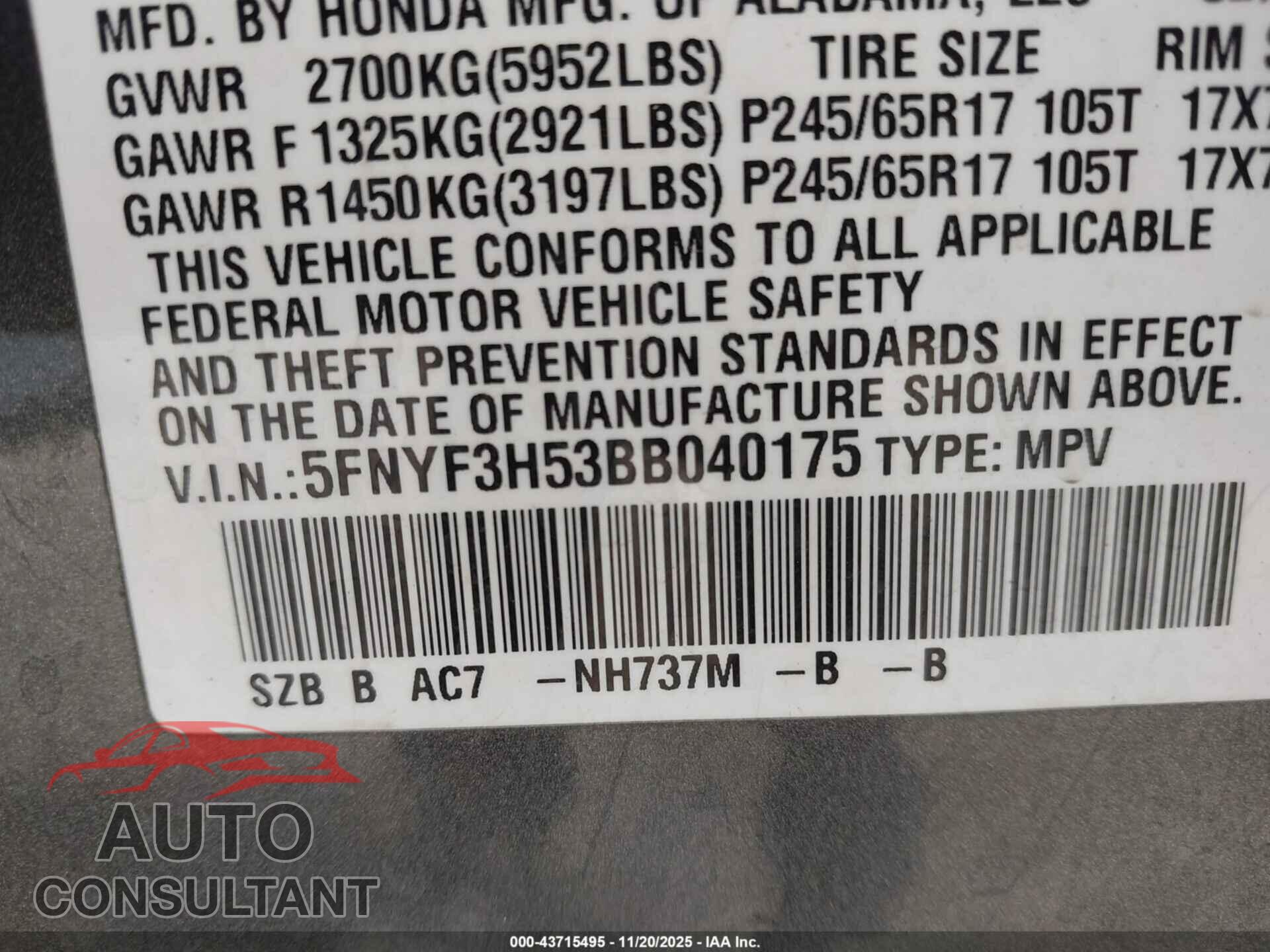 HONDA PILOT 2011 - 5FNYF3H53BB040175