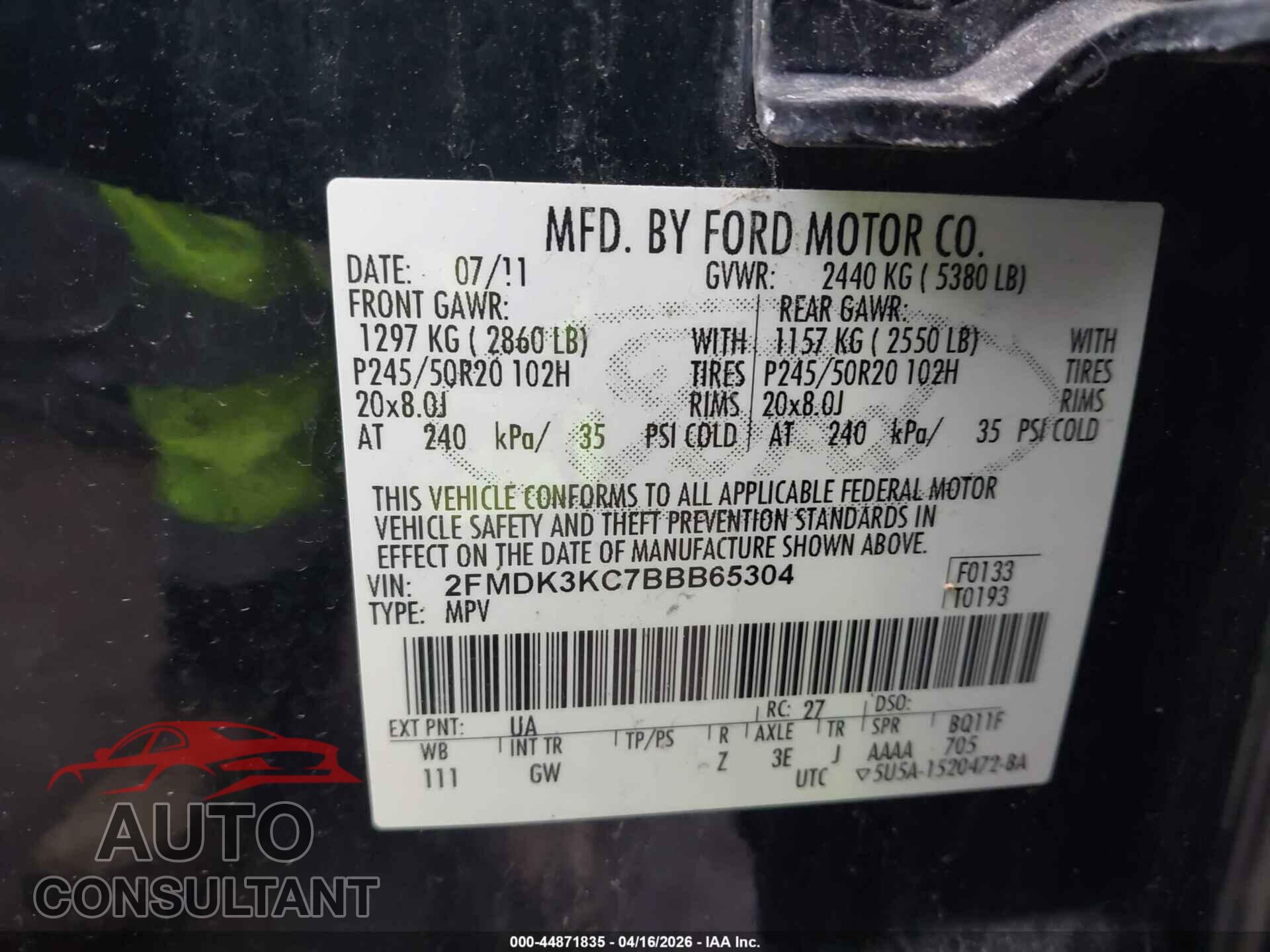 FORD EDGE 2011 - 2FMDK3KC7BBB65304