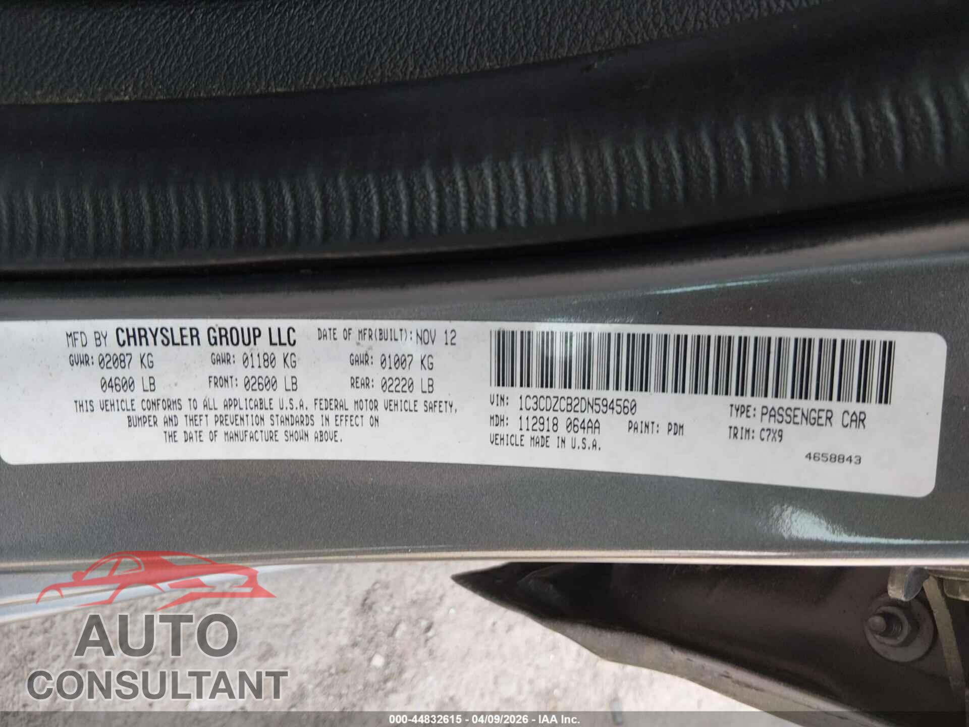 DODGE AVENGER 2013 - 1C3CDZCB2DN594560