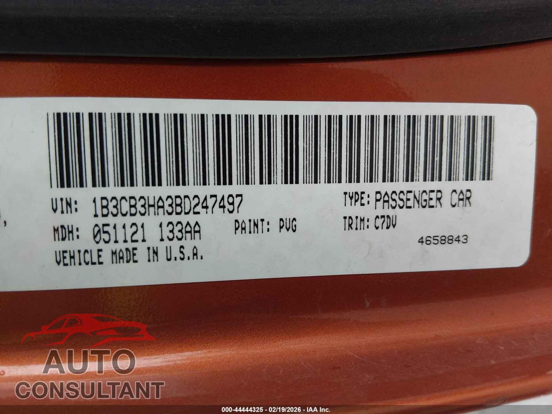 DODGE CALIBER 2011 - 1B3CB3HA3BD247497