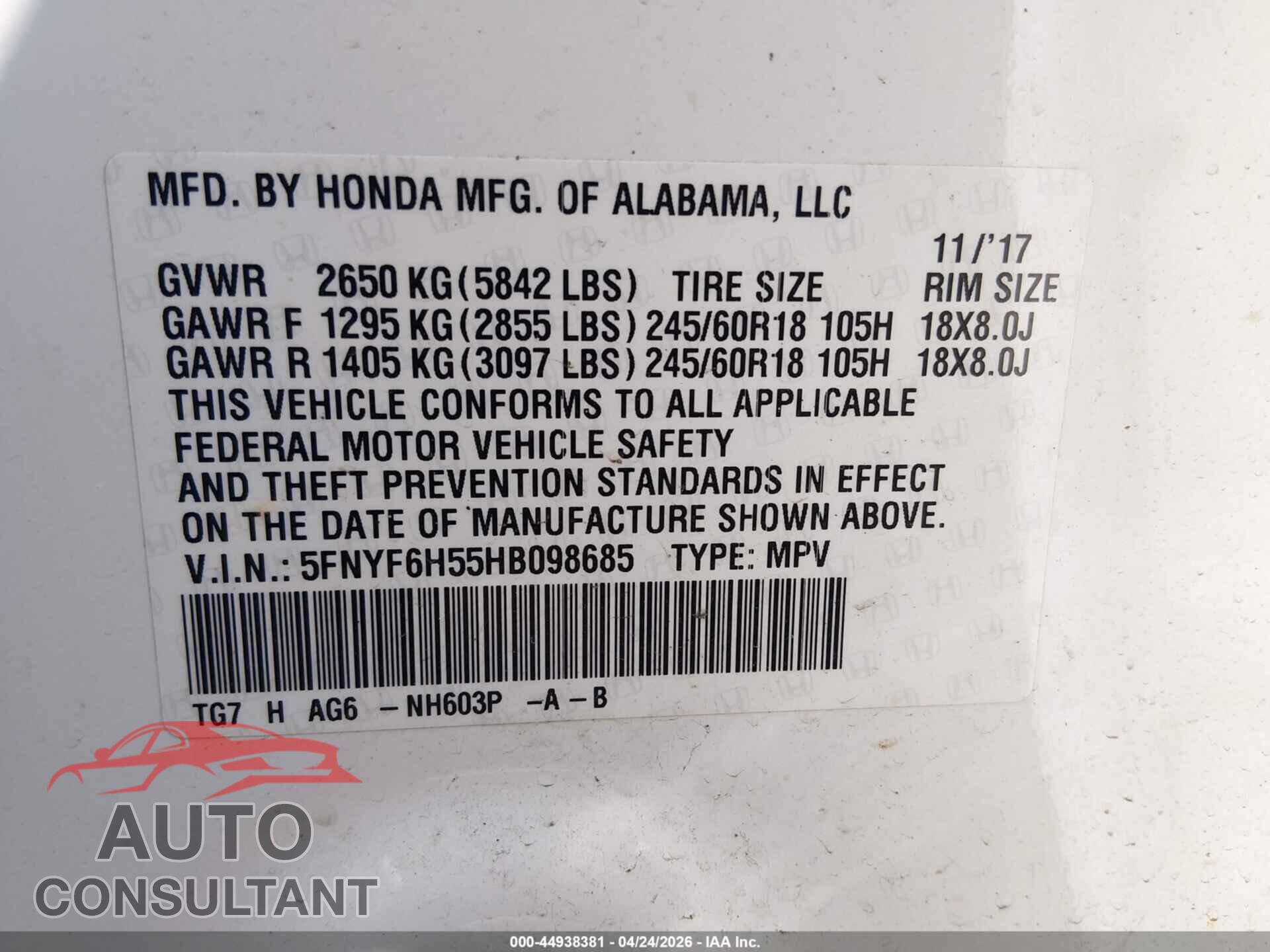 HONDA PILOT 2017 - 5FNYF6H55HB098685