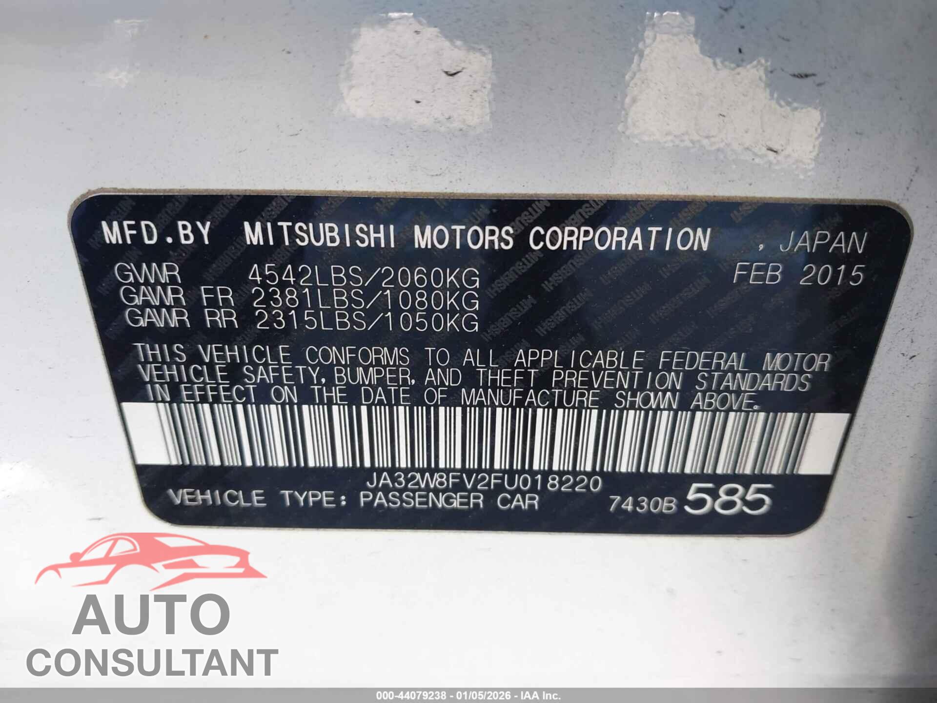 MITSUBISHI LANCER EVOLUTION 2015 - JA32W8FV2FU018220