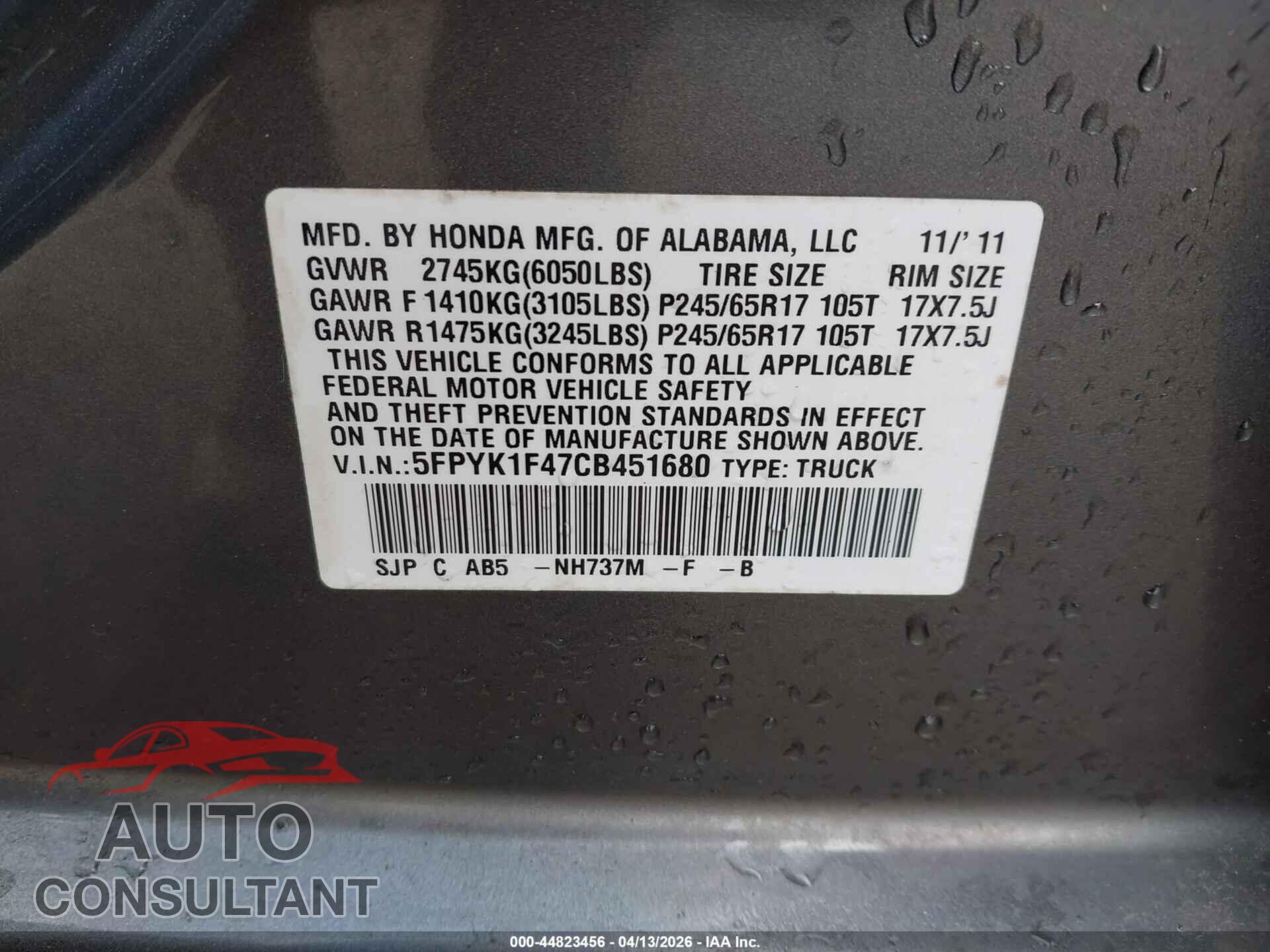 HONDA RIDGELINE 2012 - 5FPYK1F47CB451680