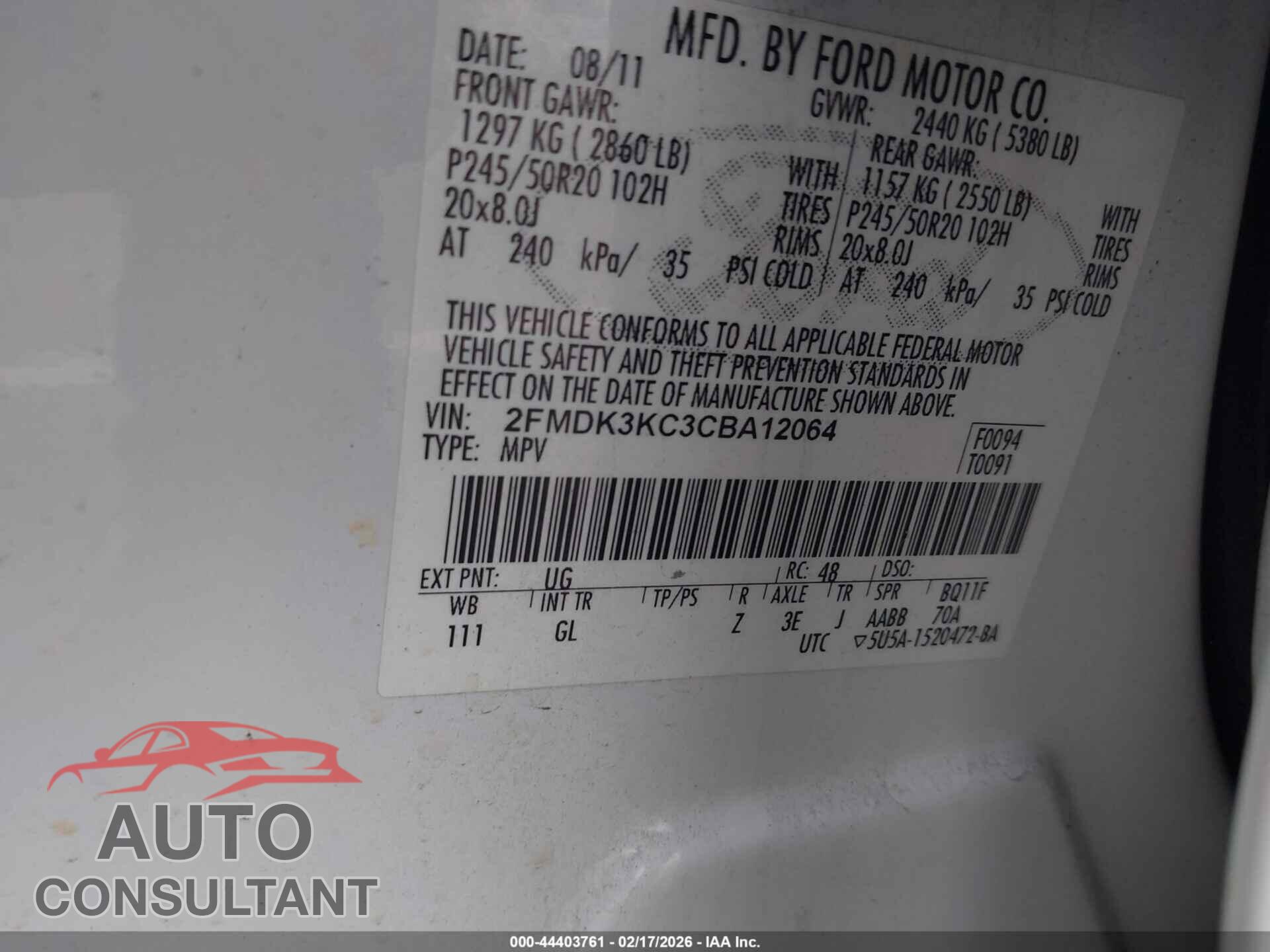 FORD EDGE 2012 - 2FMDK3KC3CBA12064