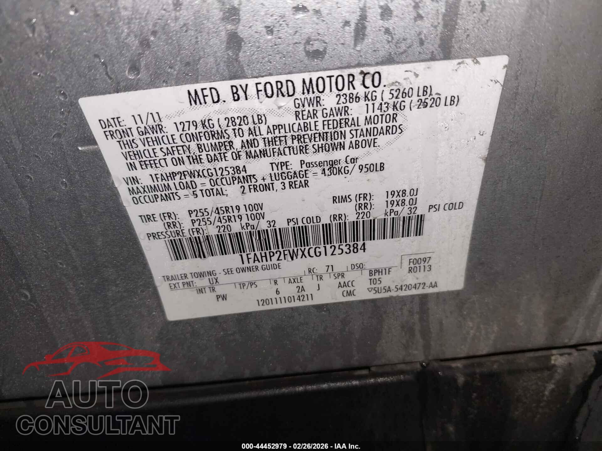 FORD TAURUS 2012 - 1FAHP2FWXCG125384