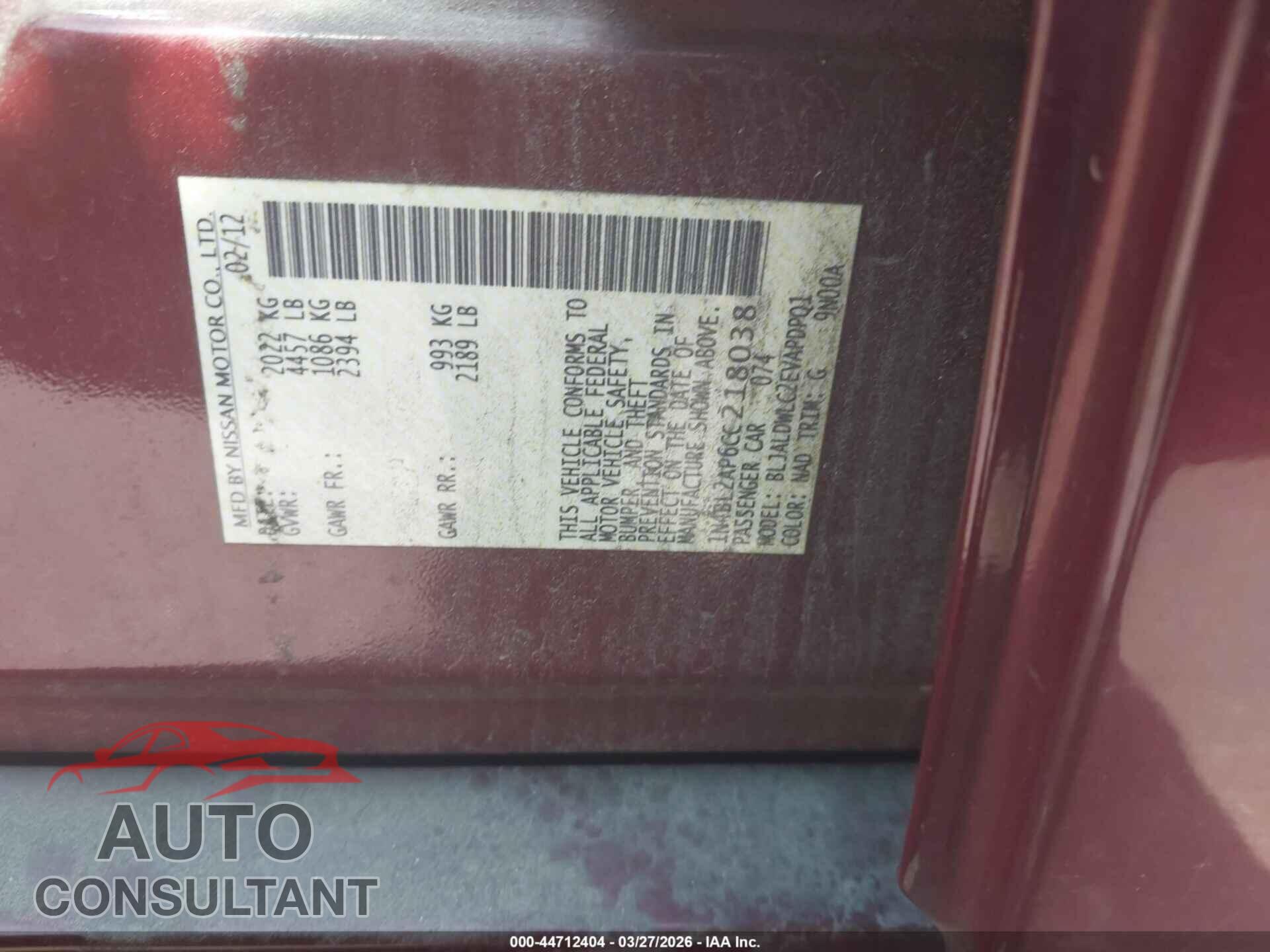 NISSAN ALTIMA 2012 - 1N4BL2AP6CC218038