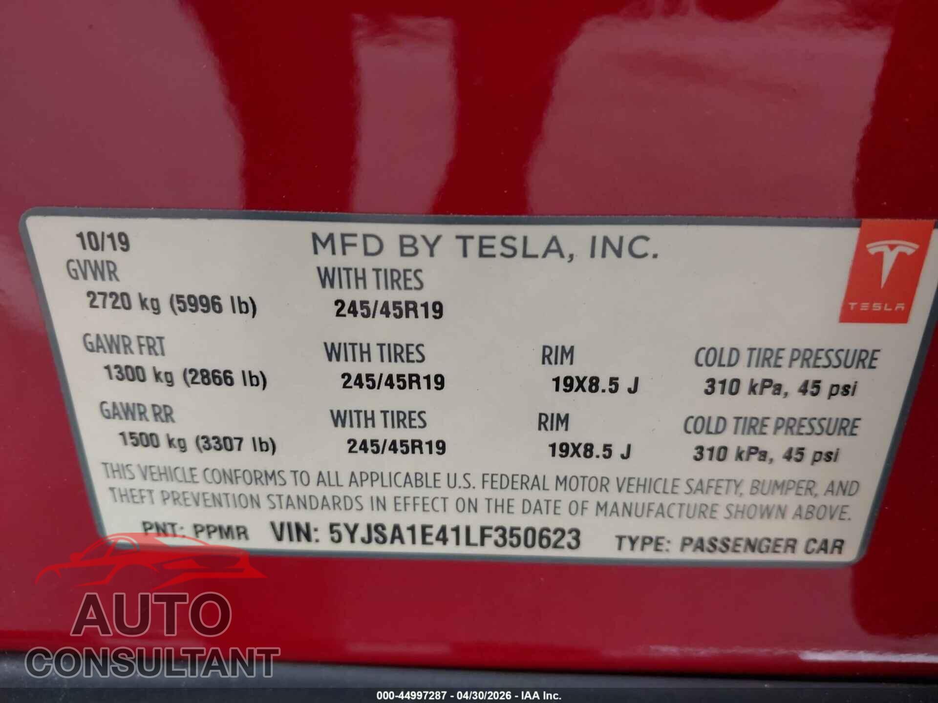 TESLA MODEL S 2020 - 5YJSA1E41LF350623