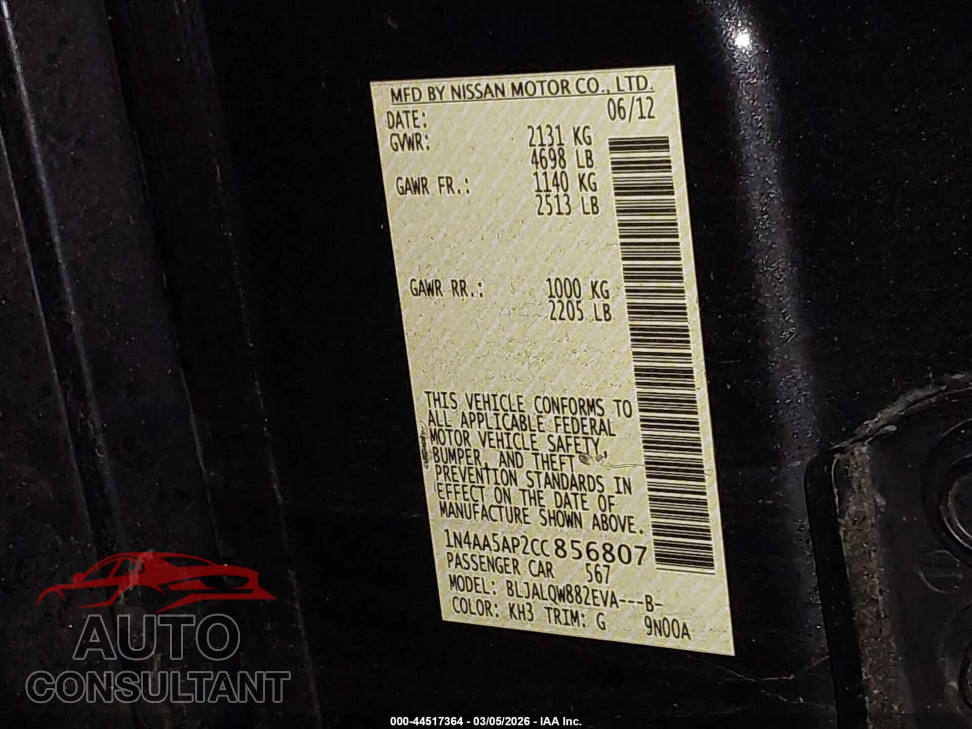 NISSAN MAXIMA 2012 - 1N4AA5AP2CC856807