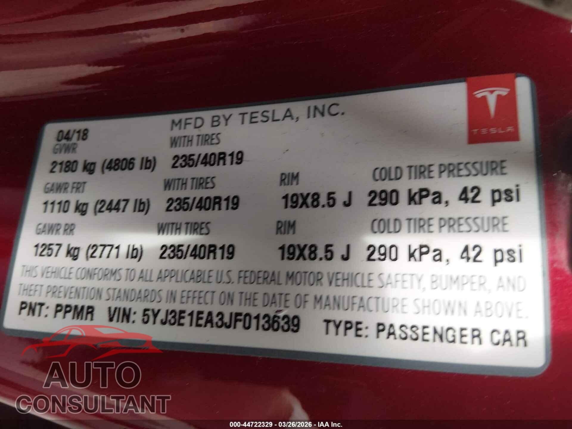 TESLA MODEL 3 2018 - 5YJ3E1EA3JF013639