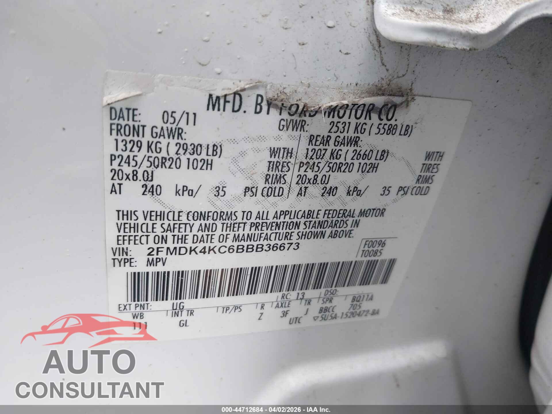 FORD EDGE 2011 - 2FMDK4KC6BBB36673