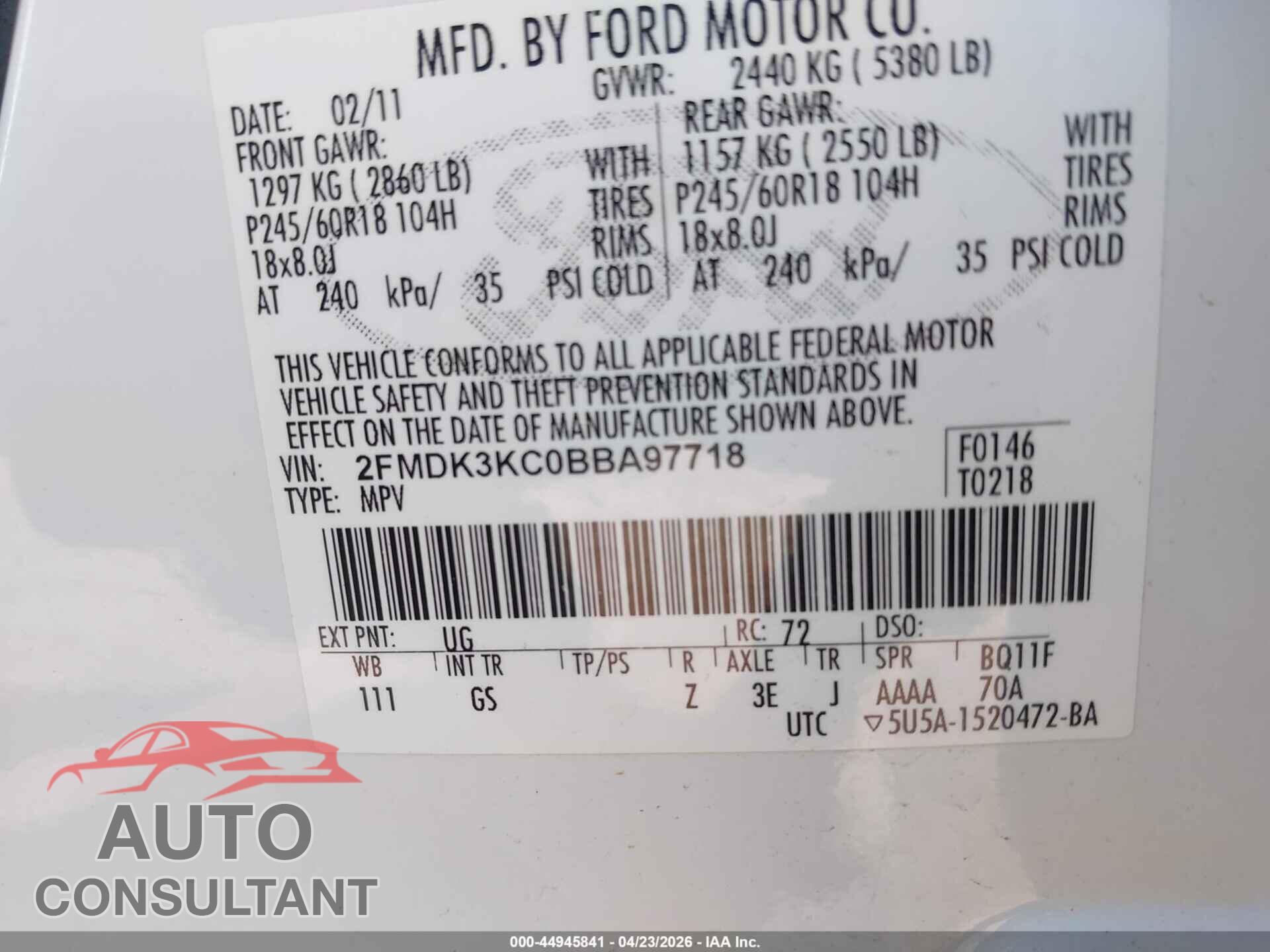 FORD EDGE 2011 - 2FMDK3KC0BBA97718