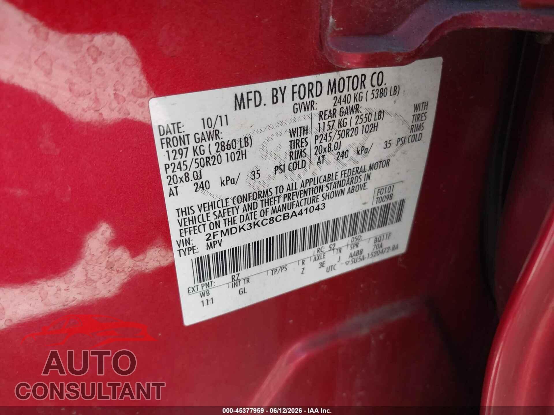 FORD EDGE 2012 - 2FMDK3KC8CBA41043