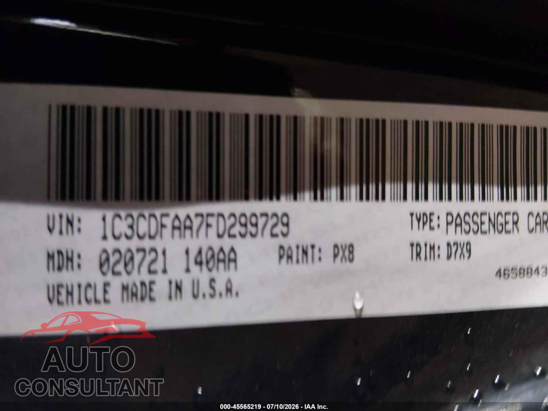 DODGE DART 2015 - 1C3CDFAA7FD299729