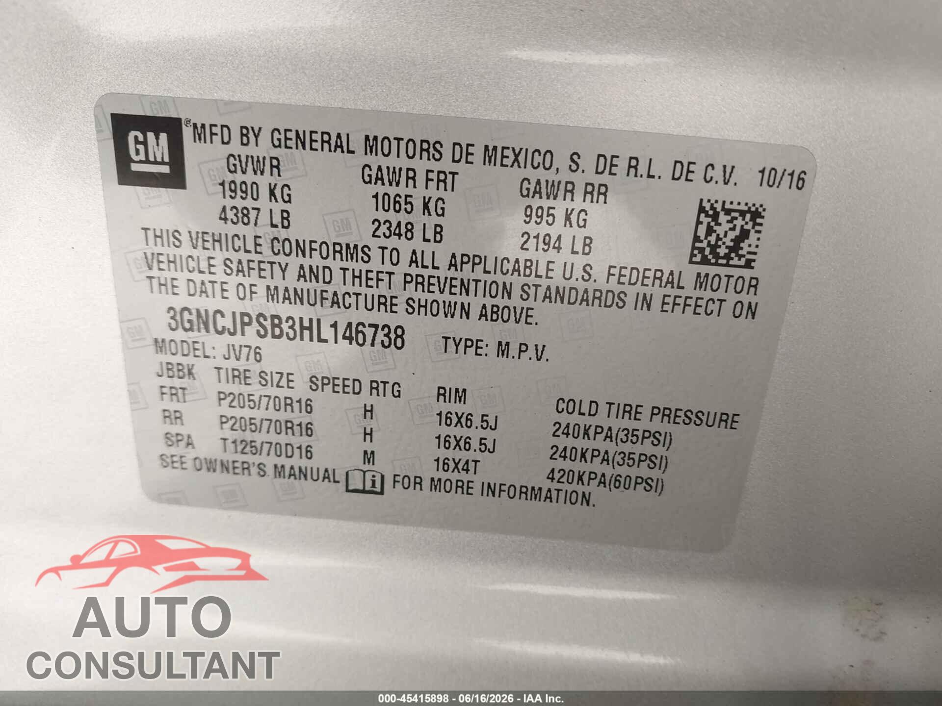 CHEVROLET TRAX 2017 - 3GNCJPSB3HL146738