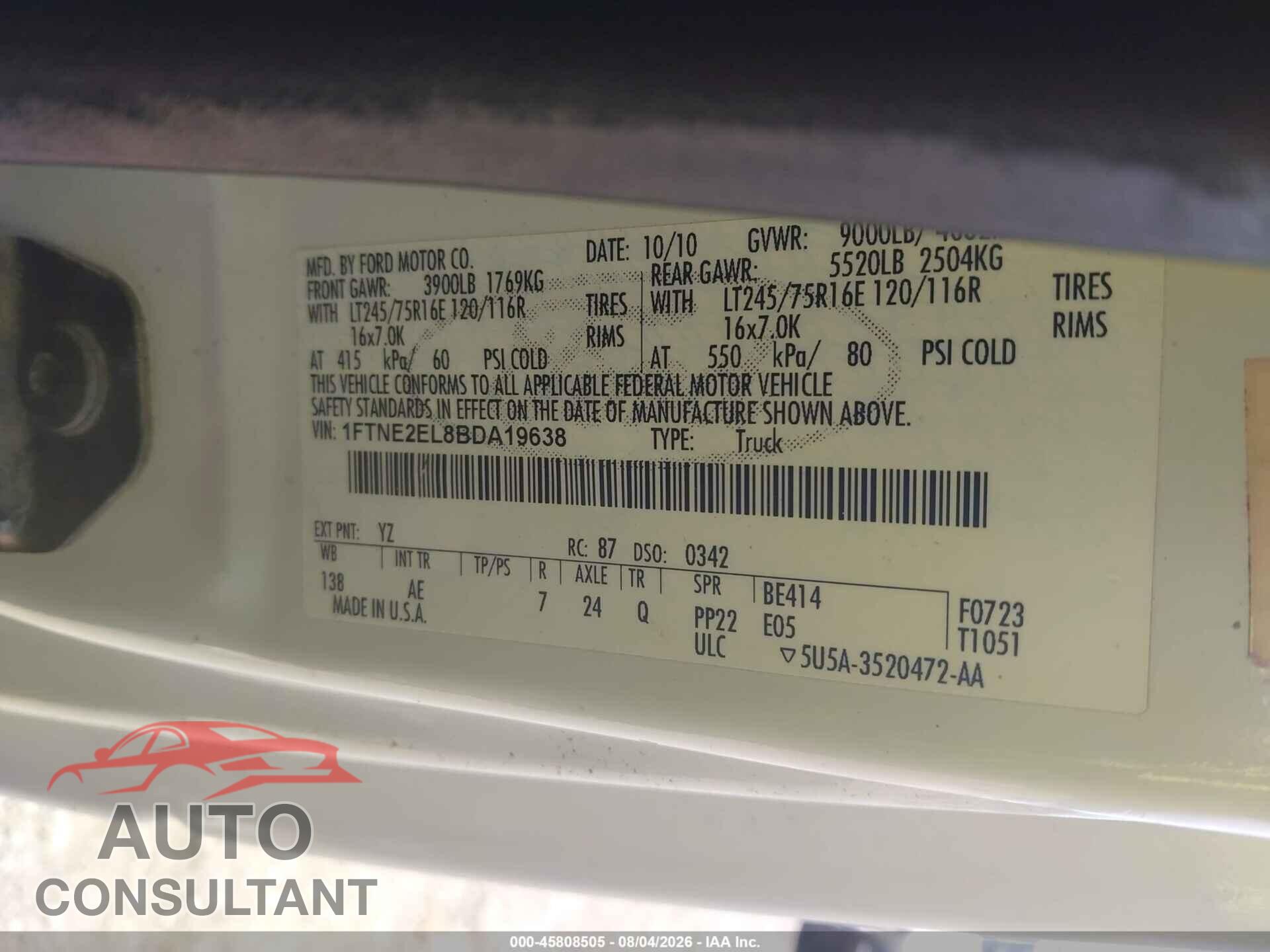 FORD E-250 2011 - 1FTNE2EL8BDA19638