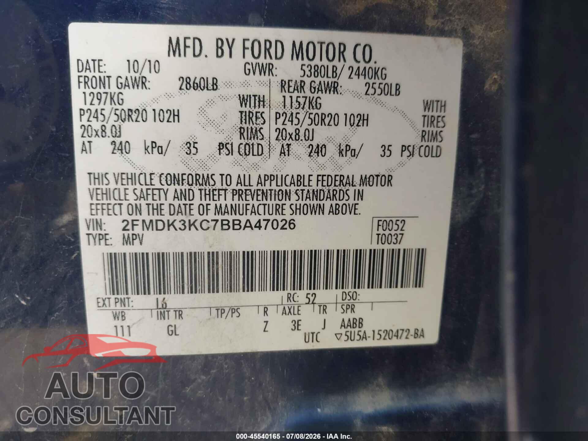 FORD EDGE 2011 - 2FMDK3KC7BBA47026
