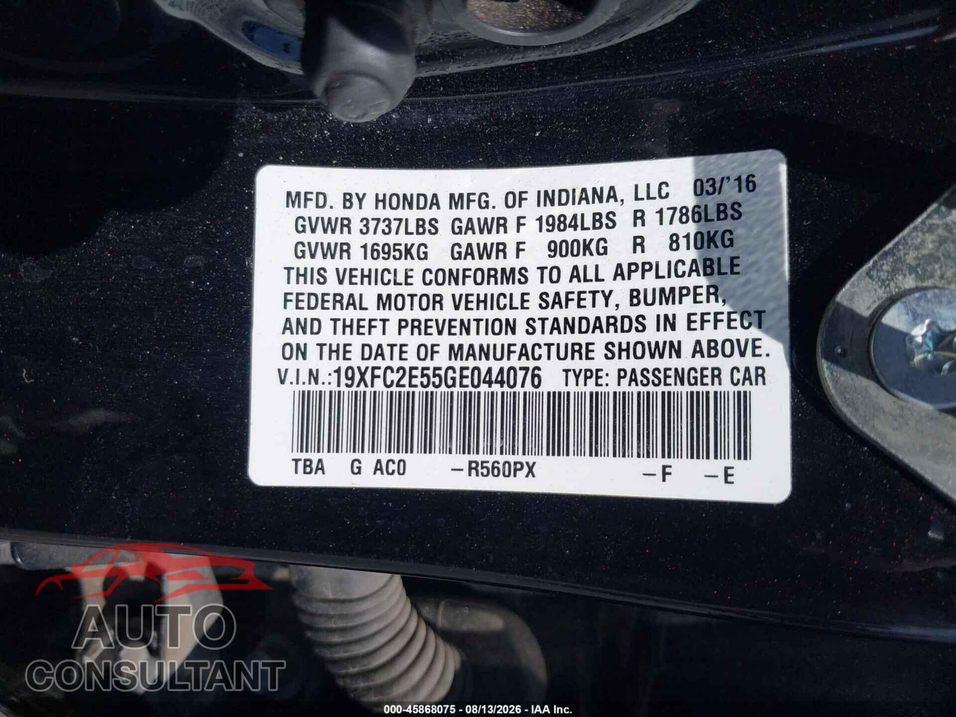 HONDA CIVIC 2016 - 19XFC2E55GE044076
