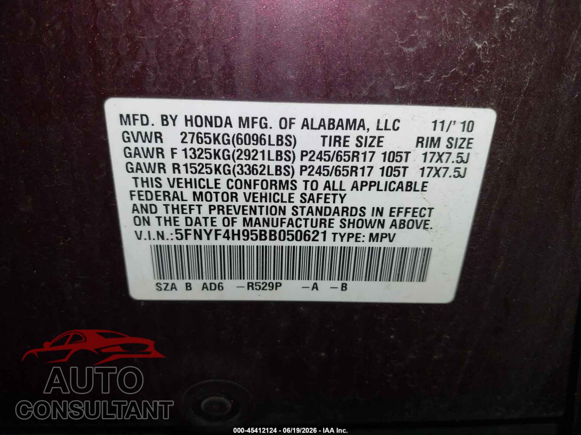 HONDA PILOT 2011 - 5FNYF4H95BB050621