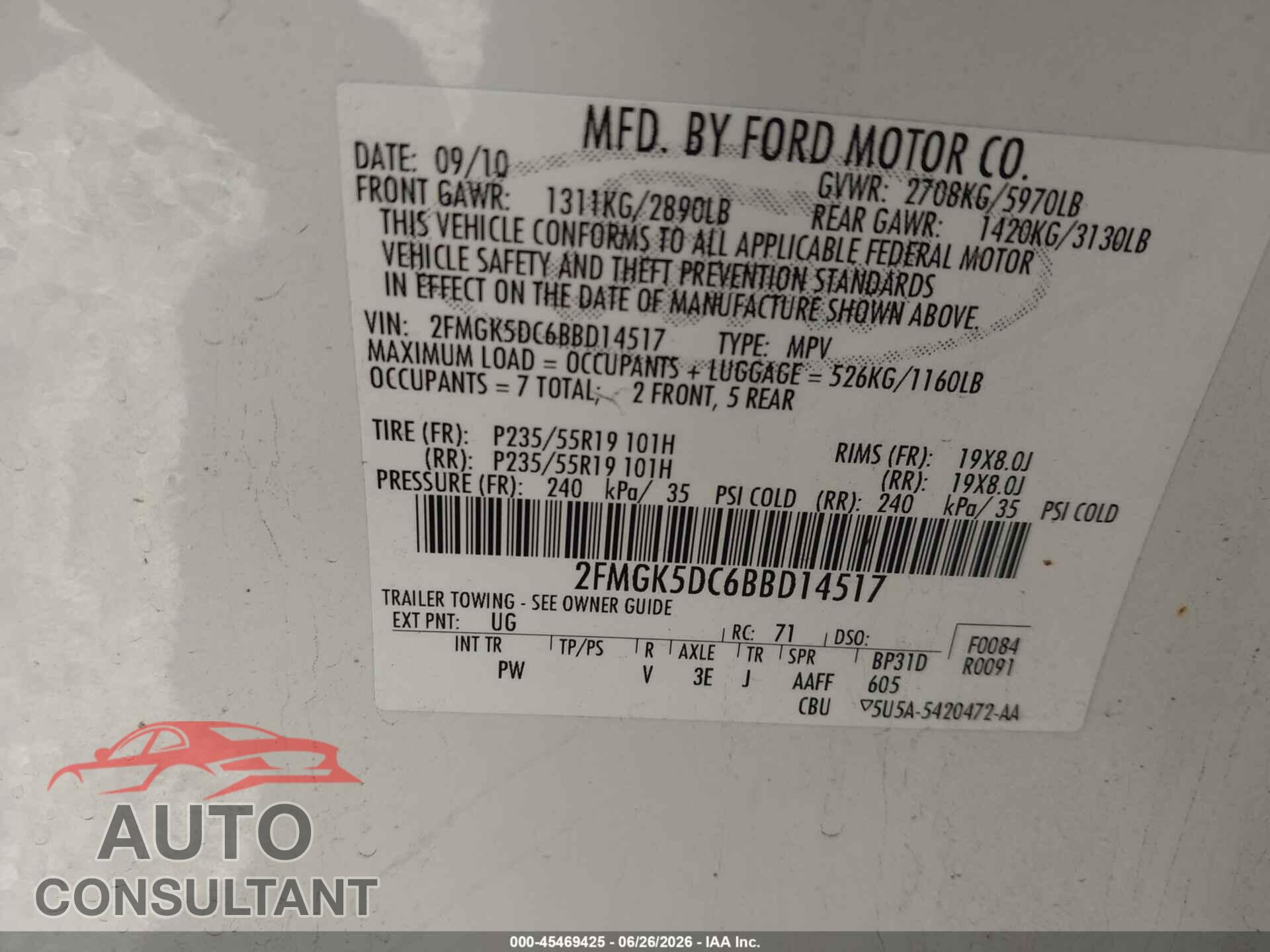 FORD FLEX 2011 - 2FMGK5DC6BBD14517