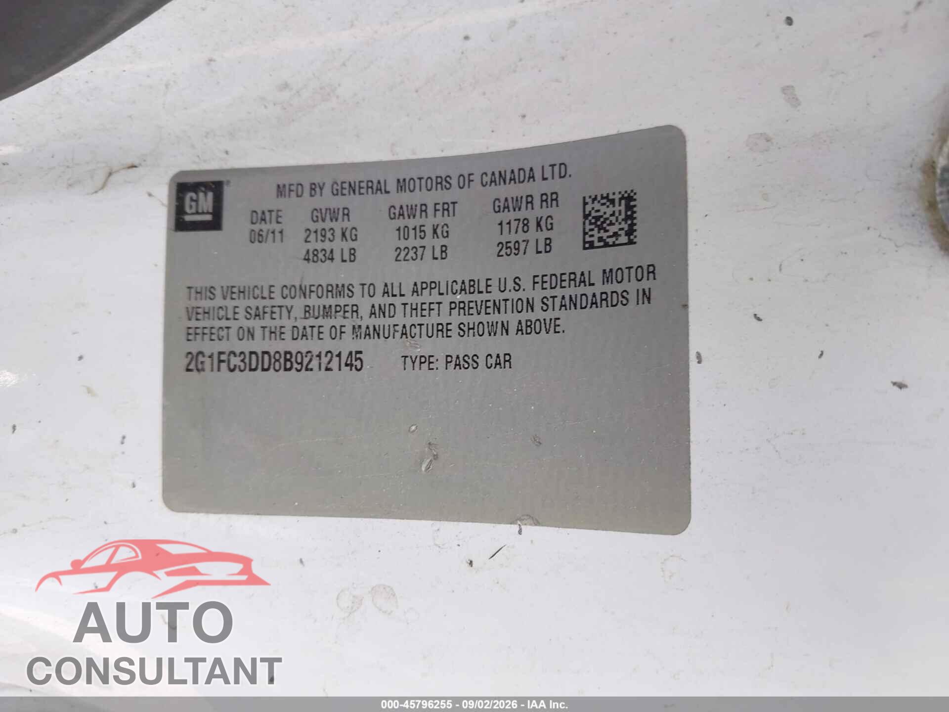 CHEVROLET CAMARO 2011 - 2G1FC3DD8B9212145