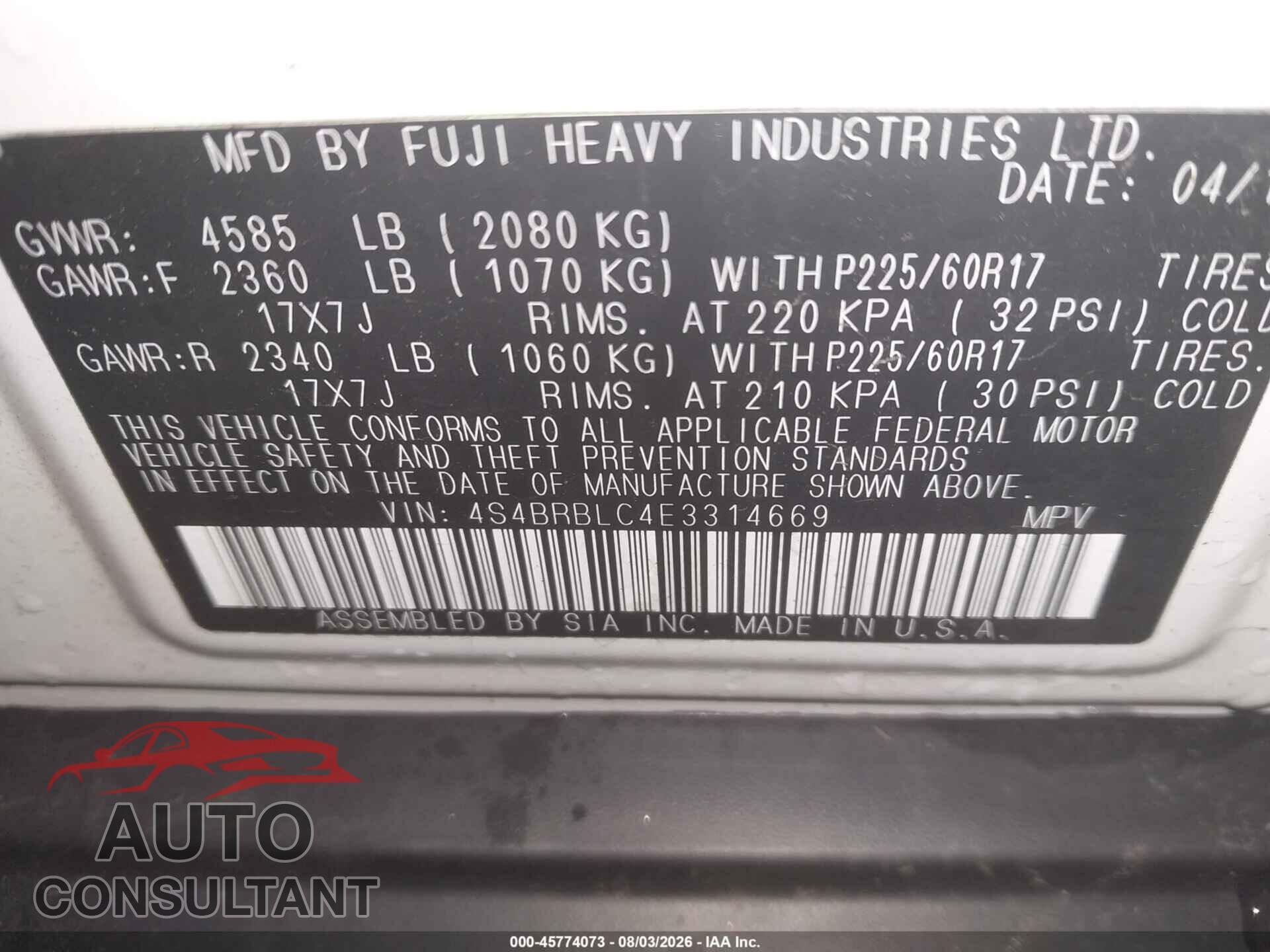 SUBARU OUTBACK 2014 - 4S4BRBLC4E3314669
