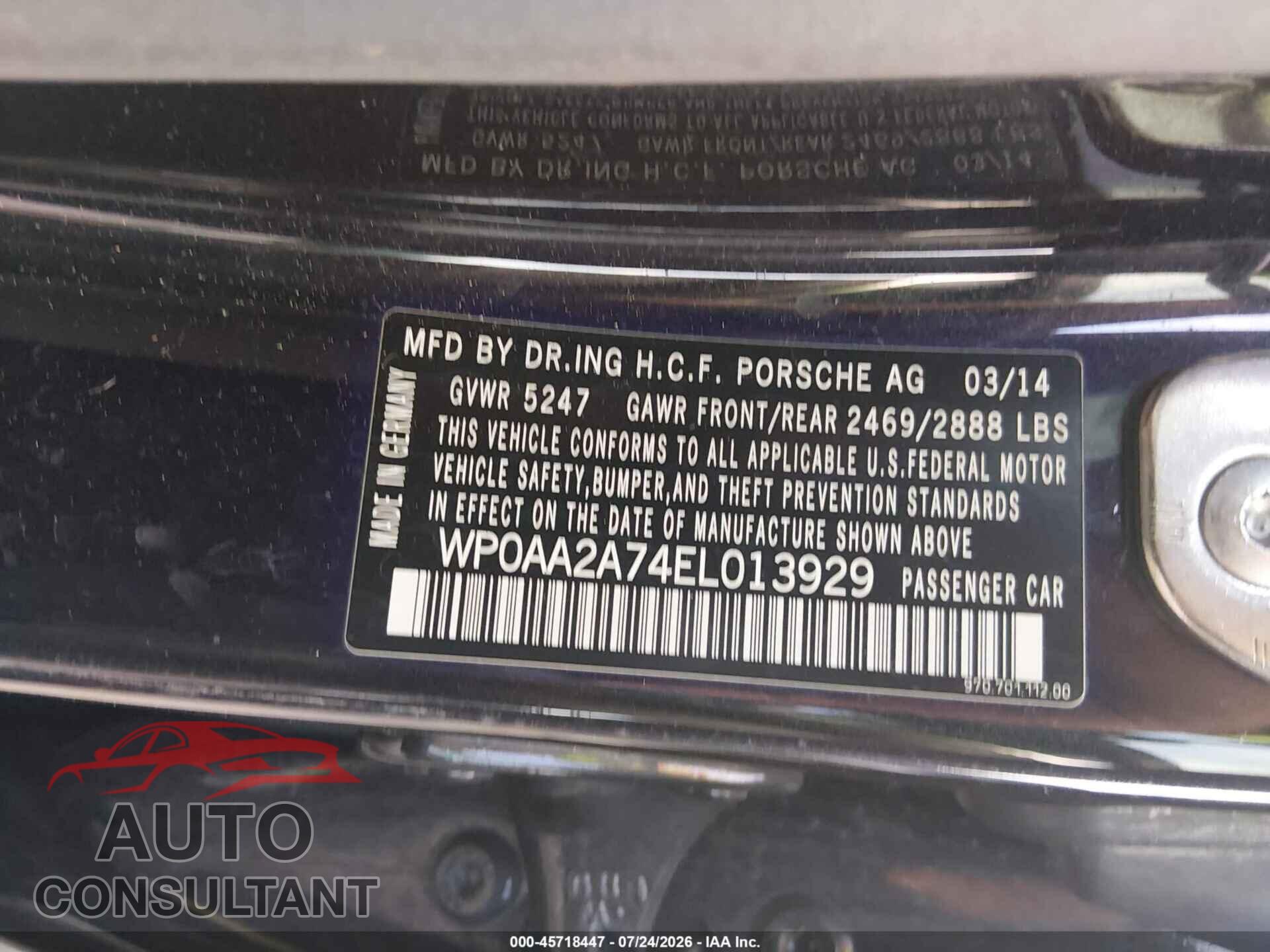 PORSCHE PANAMERA 2014 - WP0AA2A74EL013929