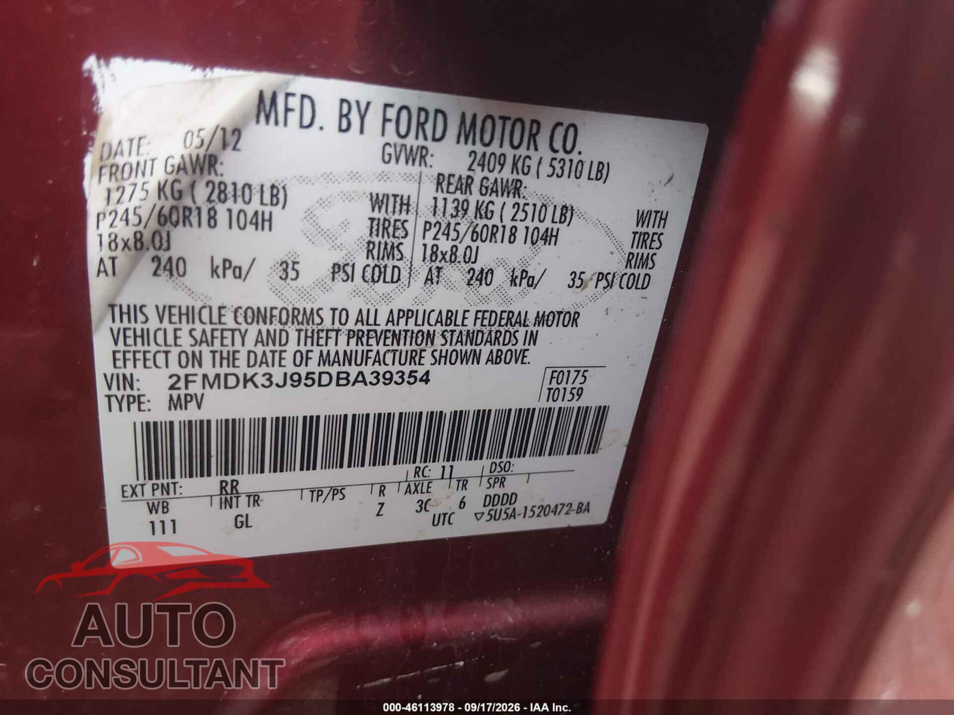 FORD EDGE 2013 - 2FMDK3J95DBA39354