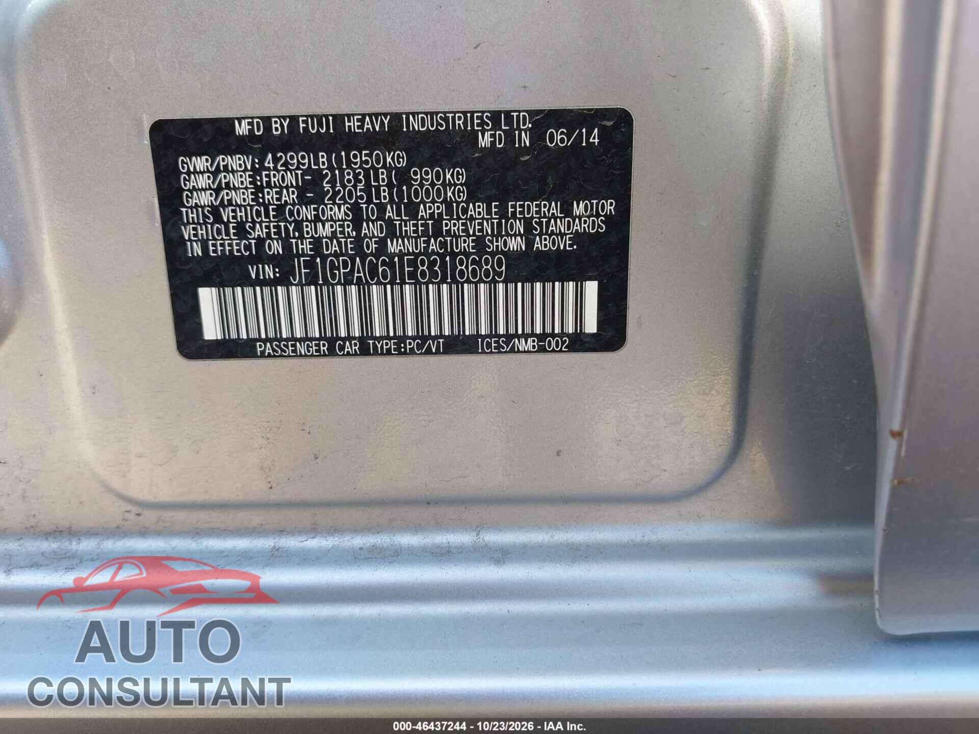 SUBARU IMPREZA 2014 - JF1GPAC61E8318689