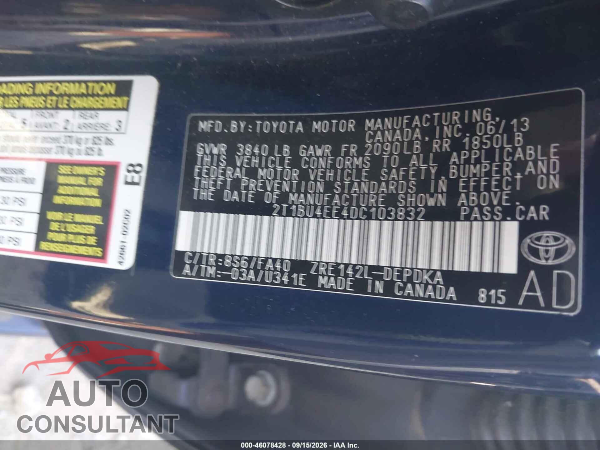 TOYOTA COROLLA 2013 - 2T1BU4EE4DC103832