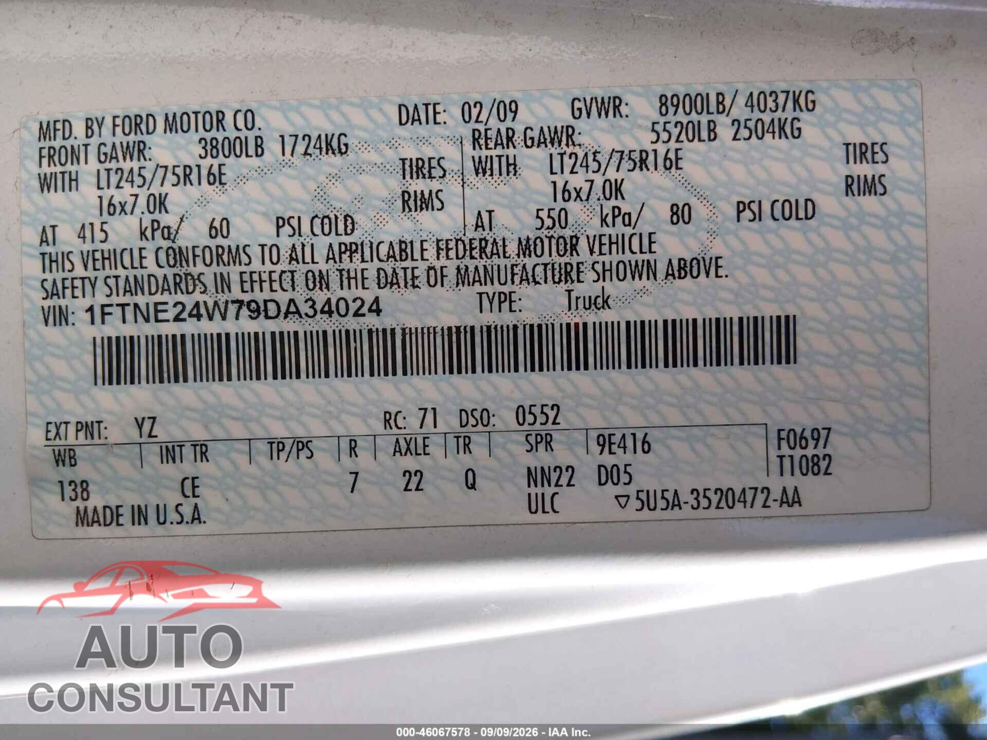 FORD E-250 2009 - 1FTNE24W79DA34024
