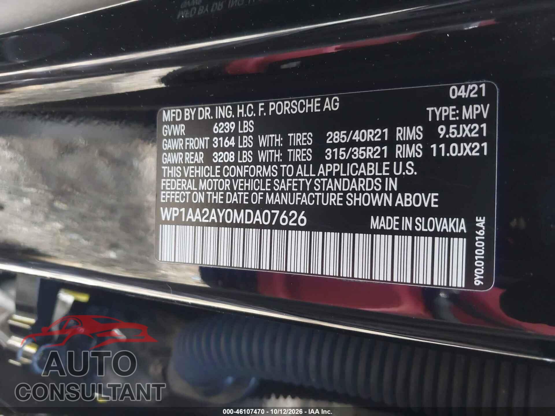 PORSCHE CAYENNE 2021 - WP1AA2AY0MDA07626