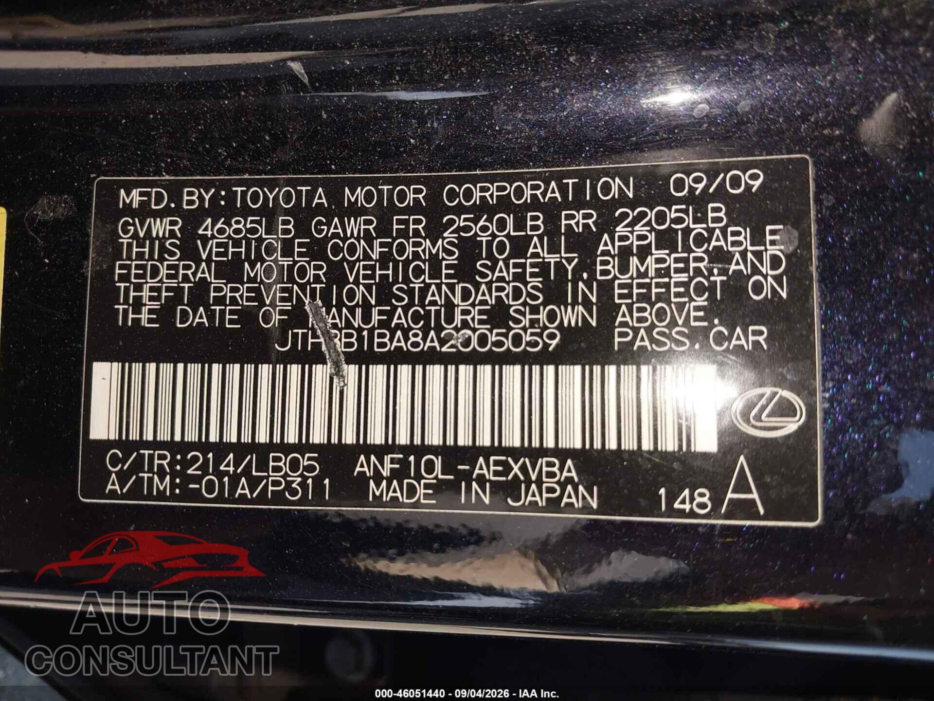 LEXUS HS 250H 2010 - JTHBB1BA8A2005059