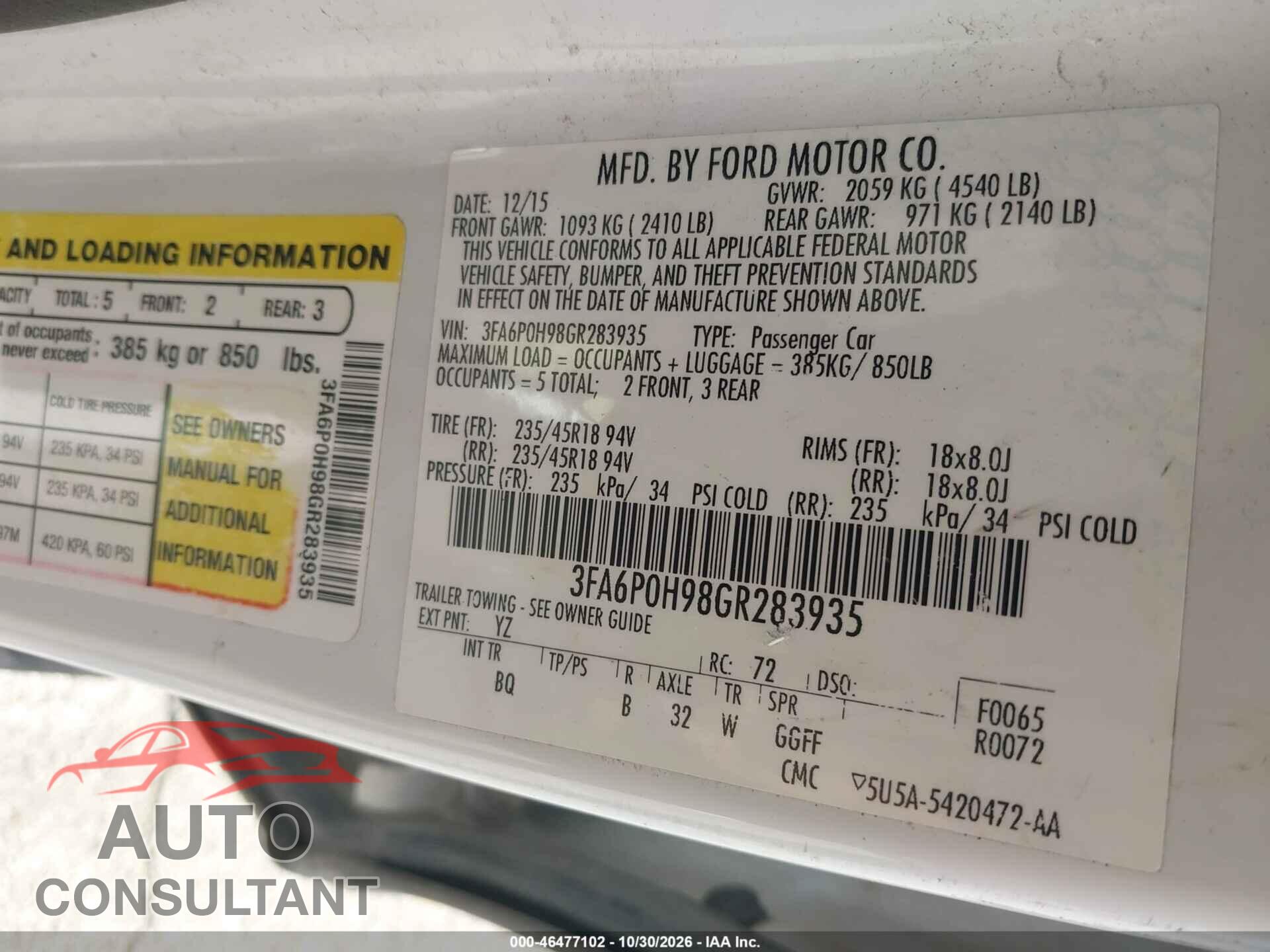 FORD FUSION 2016 - 3FA6P0H98GR283935