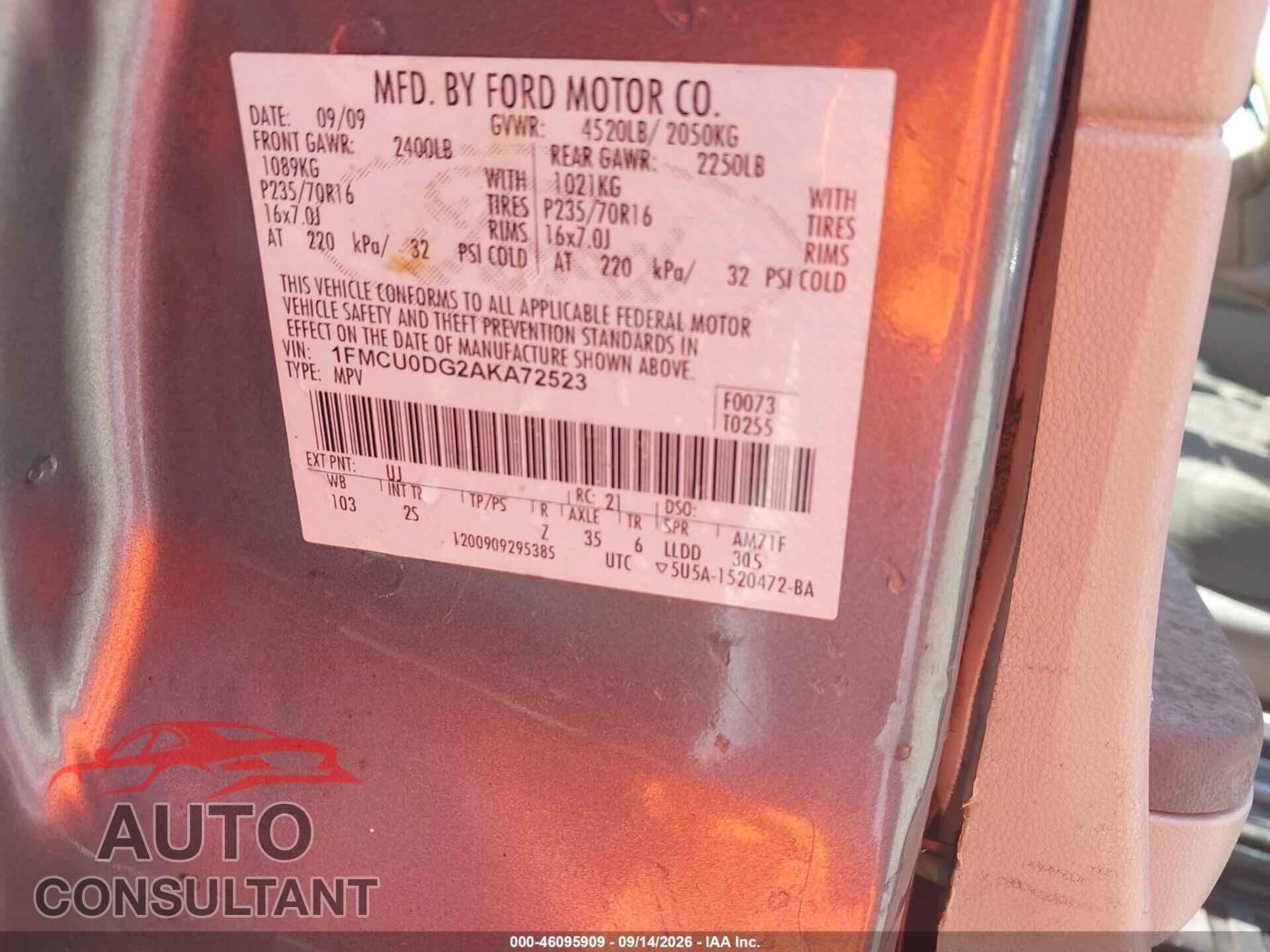 FORD ESCAPE 2010 - 1FMCU0DG2AKA72523