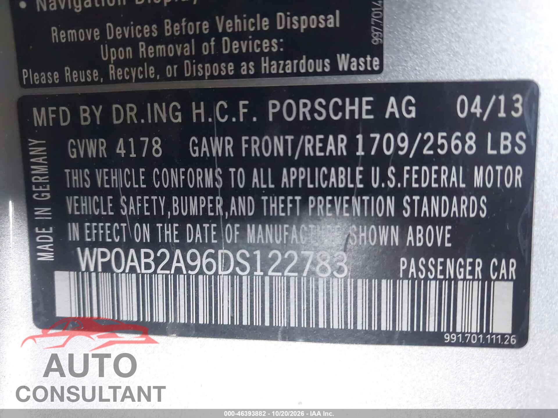 PORSCHE 911 2013 - WP0AB2A96DS122783