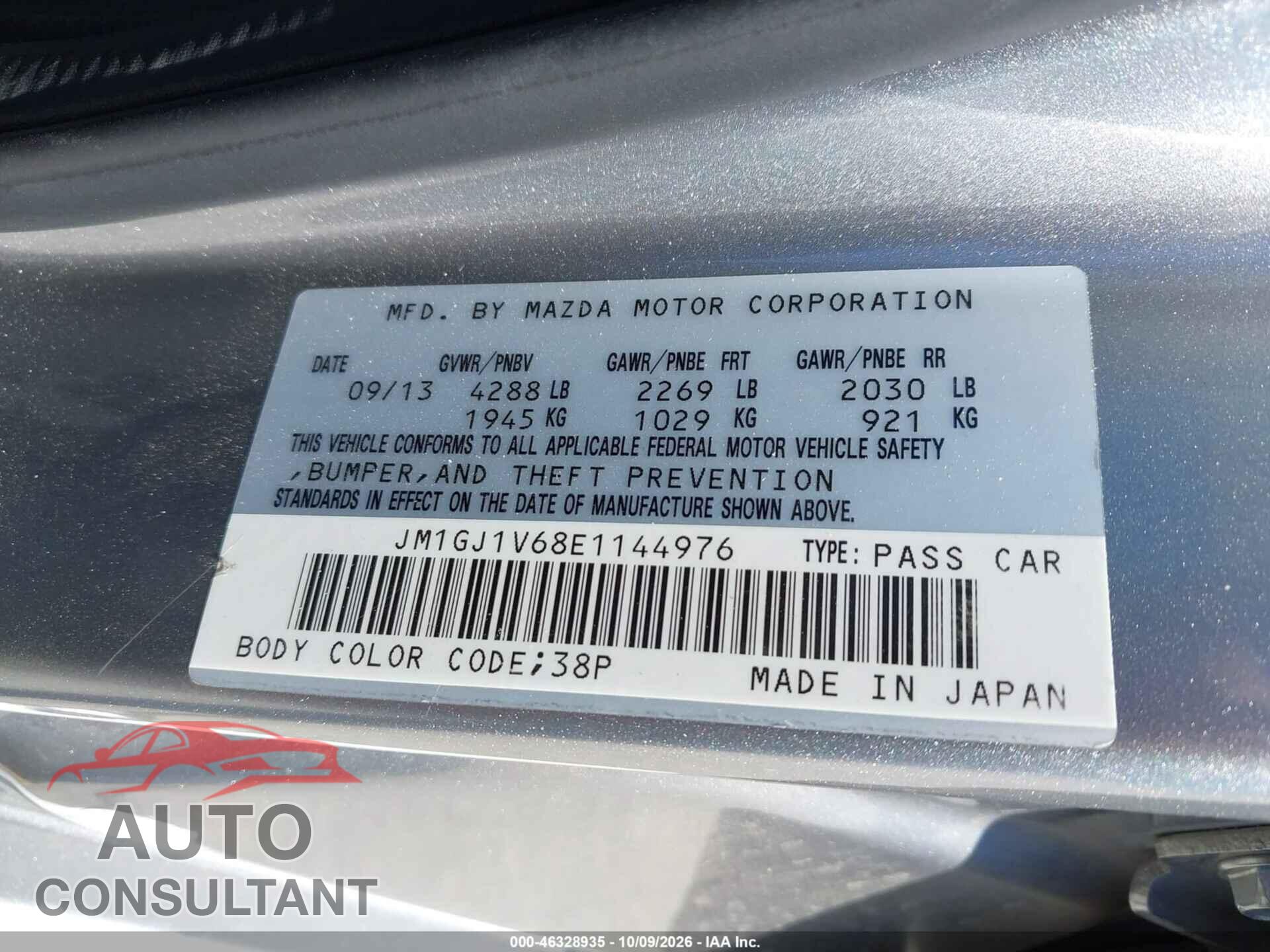 MAZDA MAZDA6 2014 - JM1GJ1V68E1144976