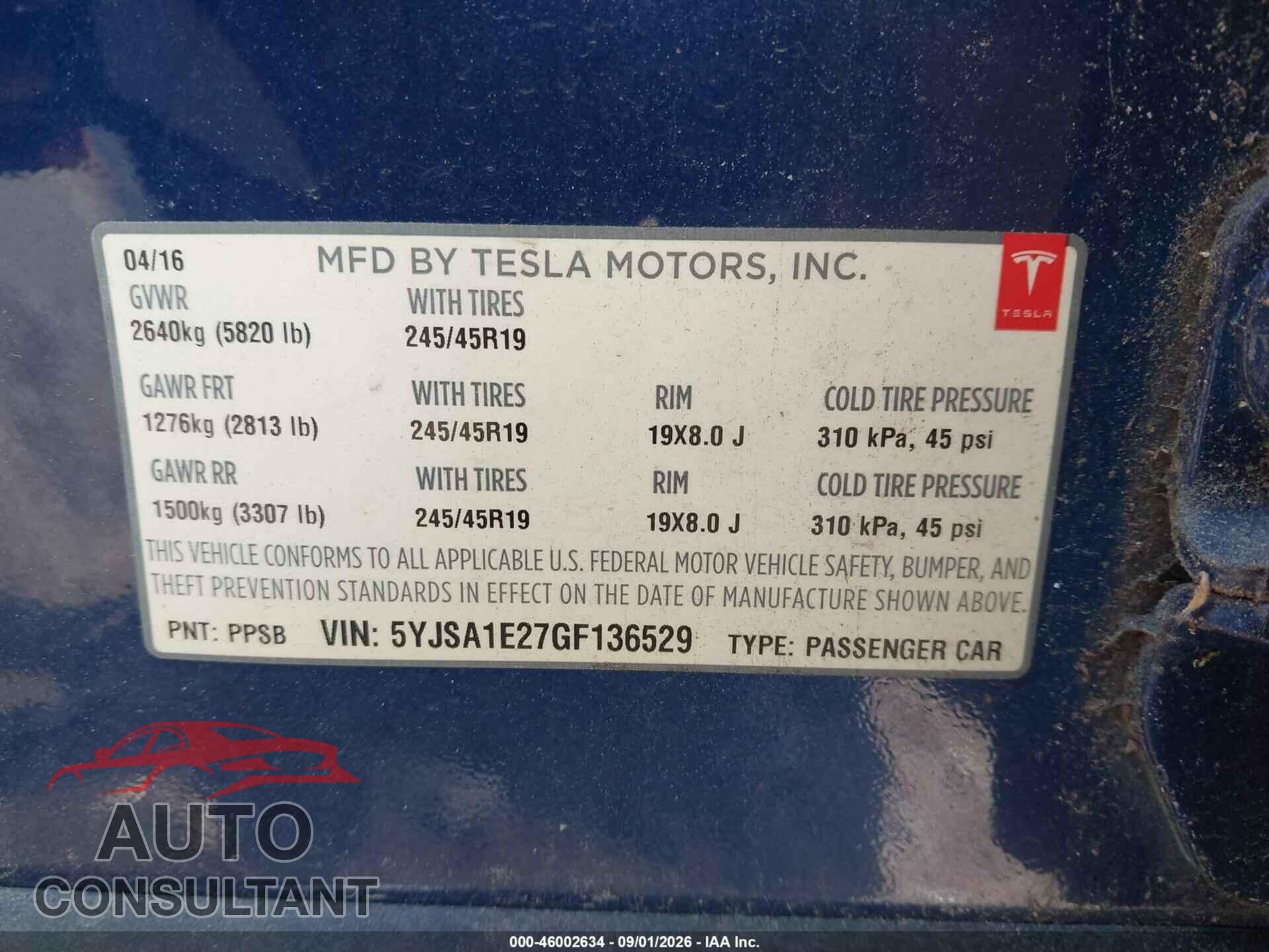 TESLA MODEL S 2016 - 5YJSA1E27GF136529
