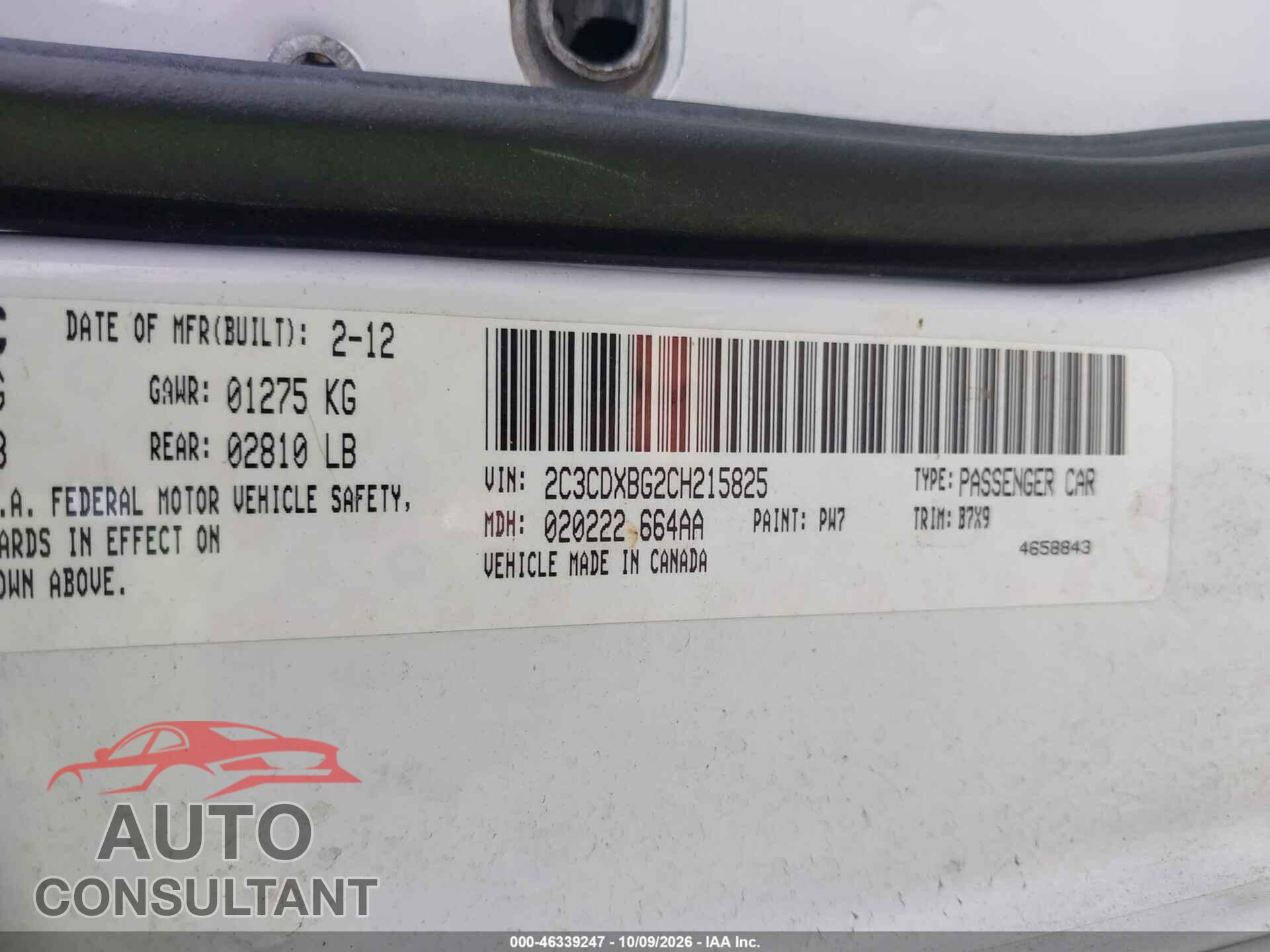 DODGE CHARGER 2012 - 2C3CDXBG2CH215825