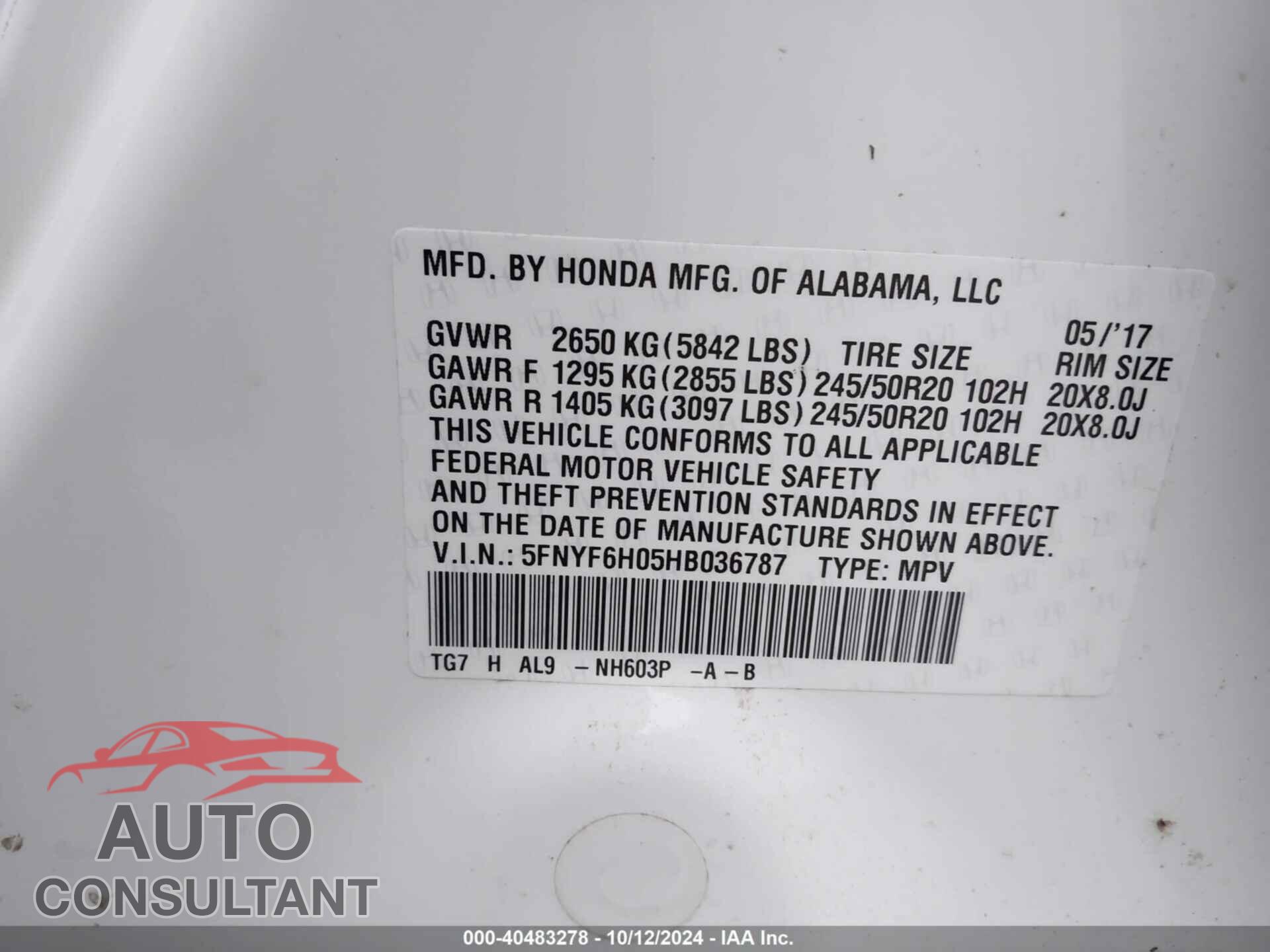 HONDA PILOT 2017 - 5FNYF6H05HB036787