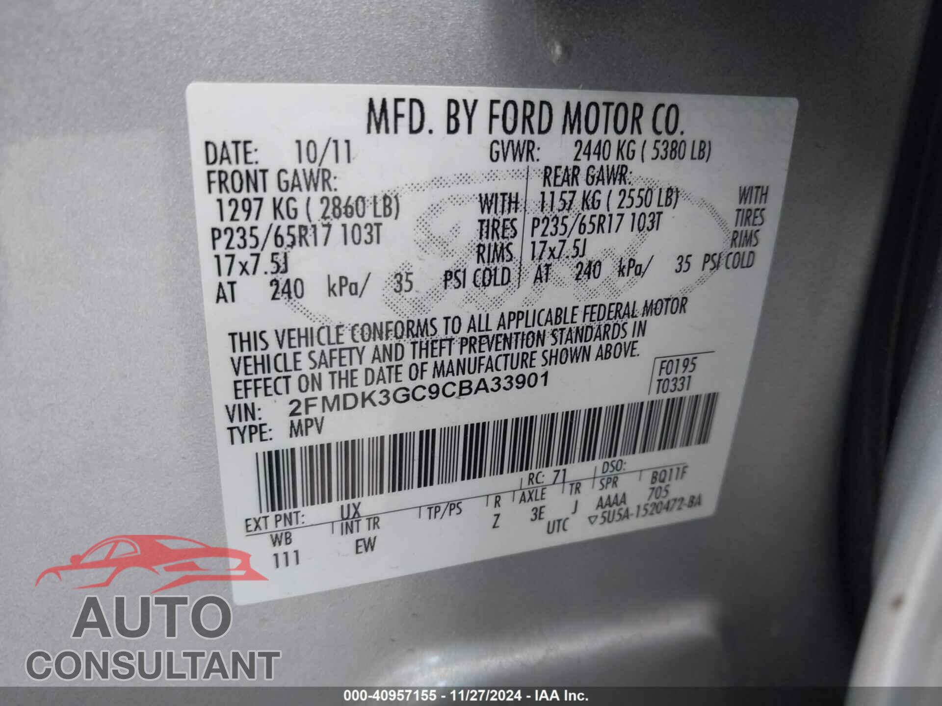 FORD EDGE 2012 - 2FMDK3GC9CBA33901