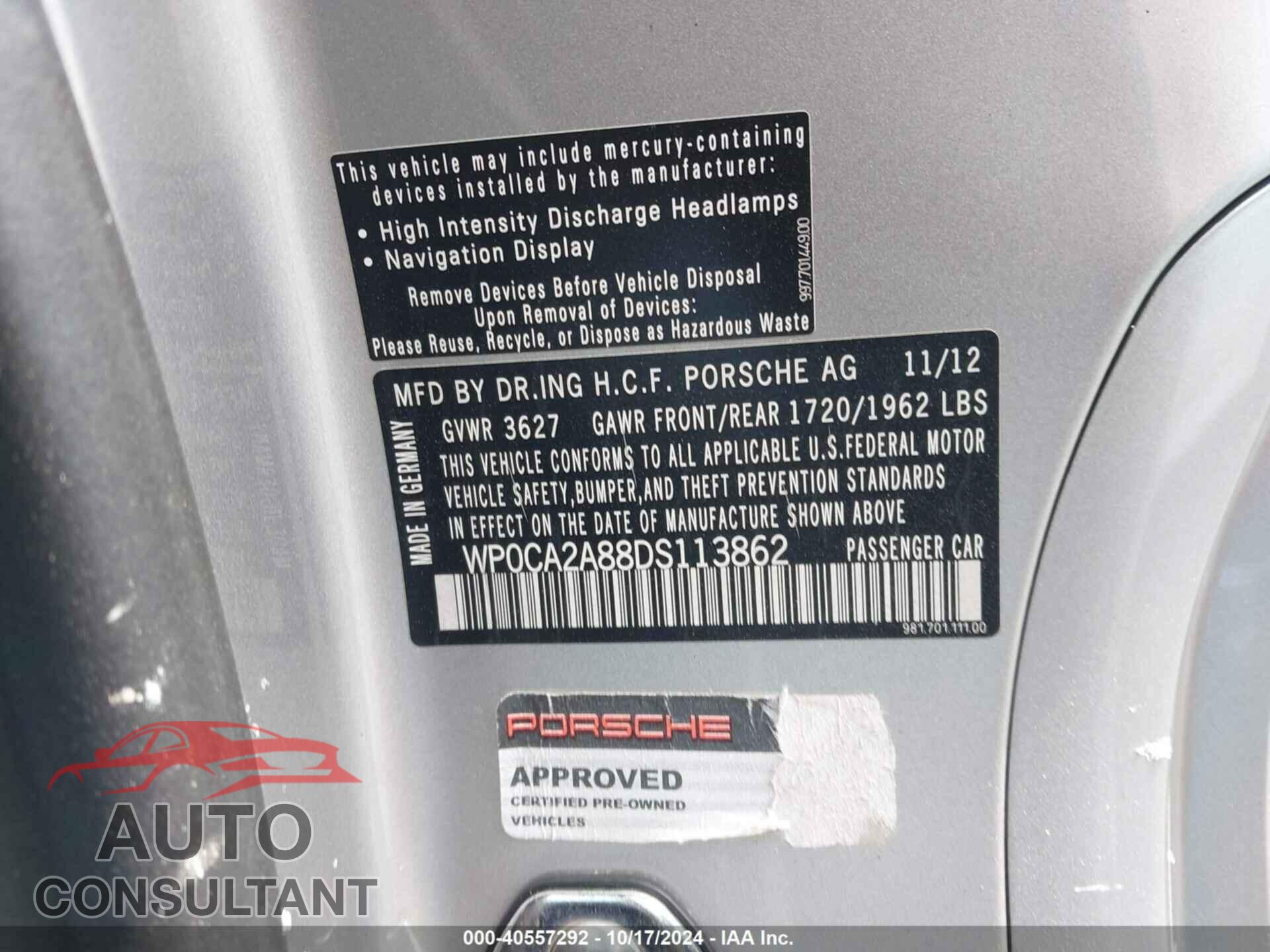 PORSCHE BOXSTER 2013 - WP0CA2A88DS113862